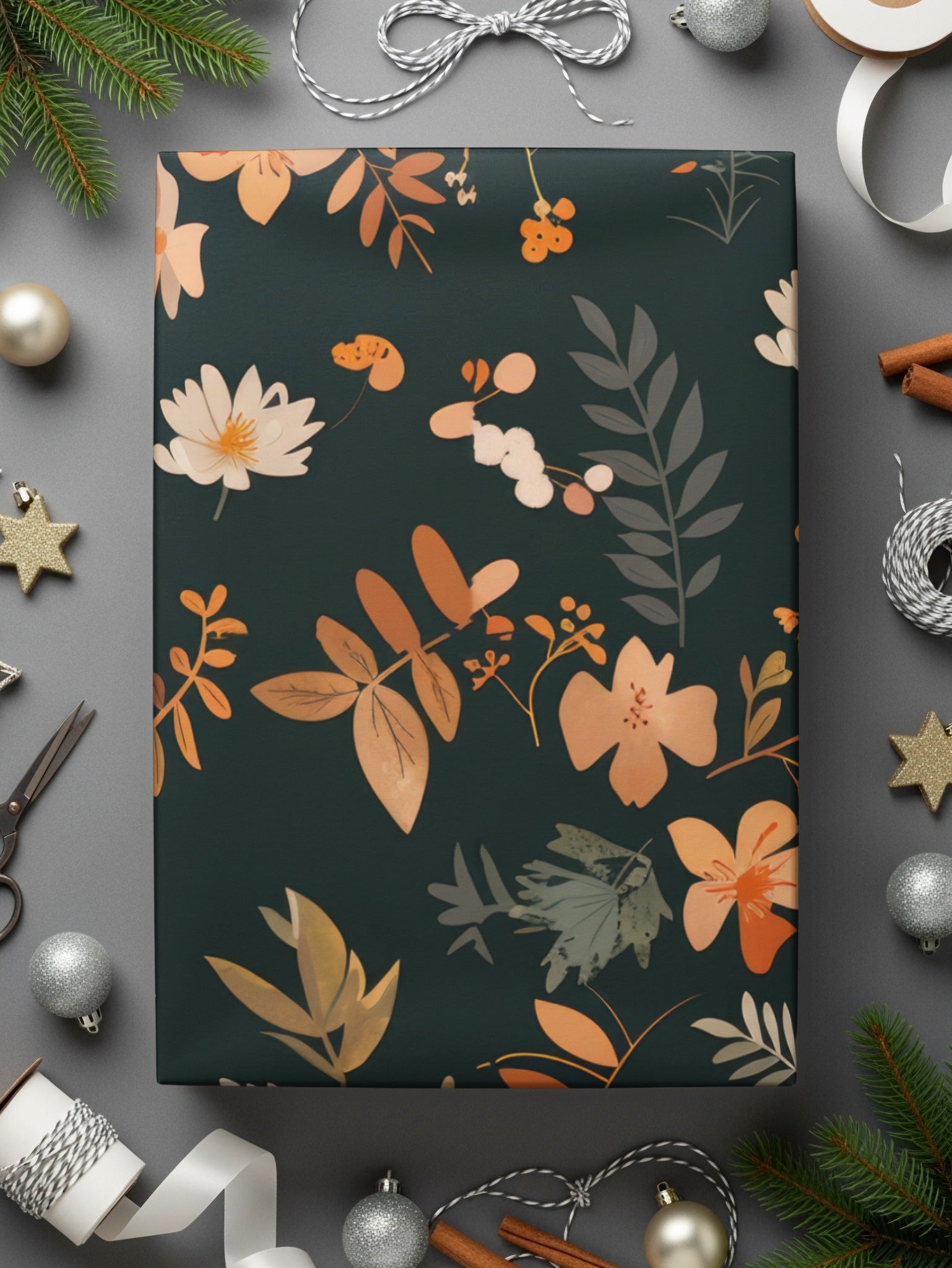 Festive Floral Themed Gift Wrap with Seasonal Accents