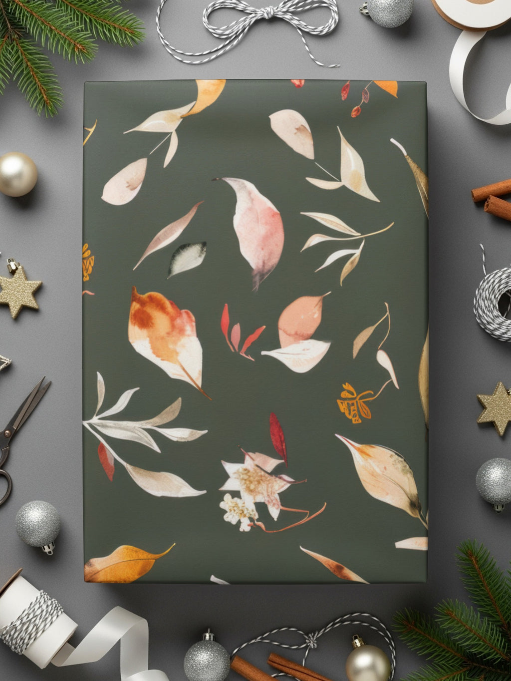 Festive Botanical Leaves Pattern Gift Wrap Sheet