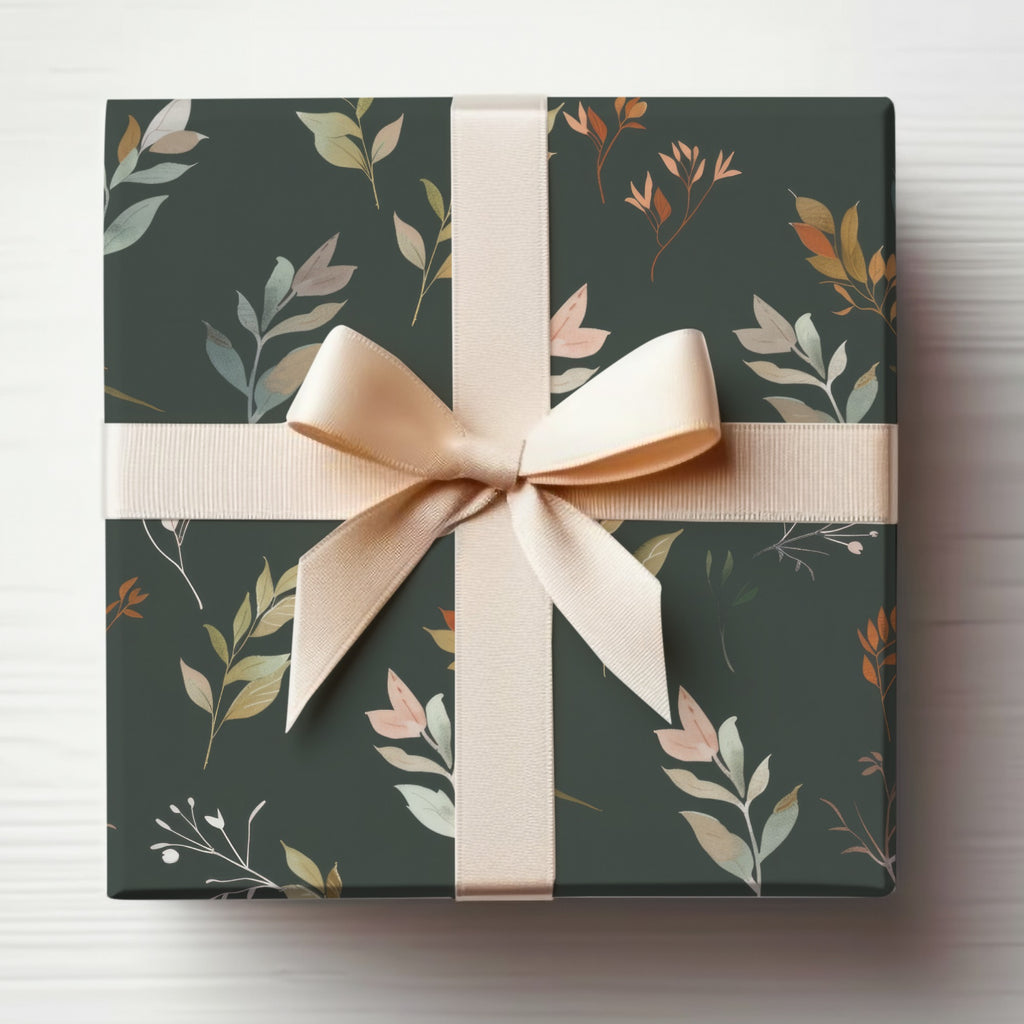 Elegant Floral Green Gift Wrap with Cream Ribbon