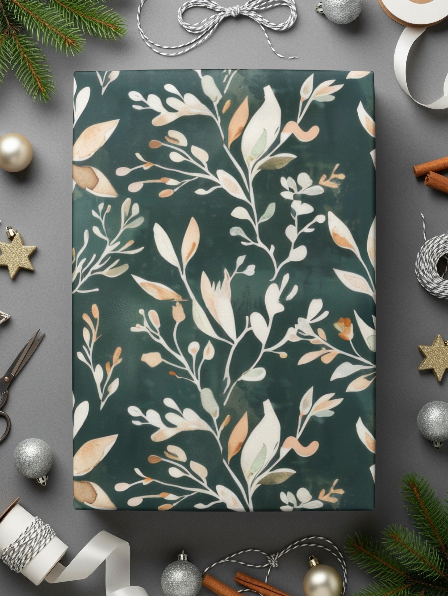 Festive Green Floral Gift Wrapping Paper for Holidays
