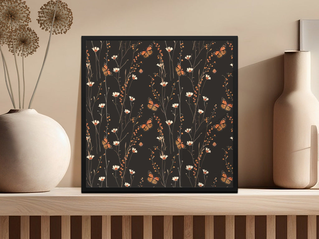 Dark Wildflowers and Butterflies Summer Pattern Dark Background Digital - Moore and Mountain