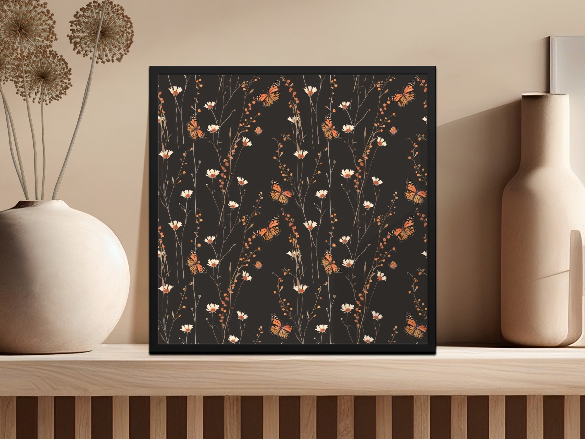 Dark Wildflowers and Butterflies Summer Pattern Dark Background Digital - Moore and Mountain