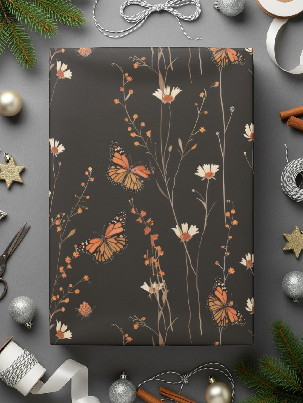 Dark Wildflowers and Butterflies Summer Pattern Dark Background Digital - Moore and Mountain