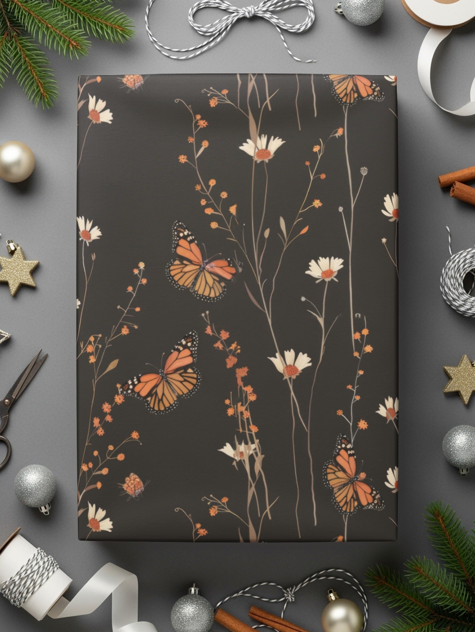 Dark Wildflowers and Butterflies Summer Pattern Dark Background Digital - Moore and Mountain