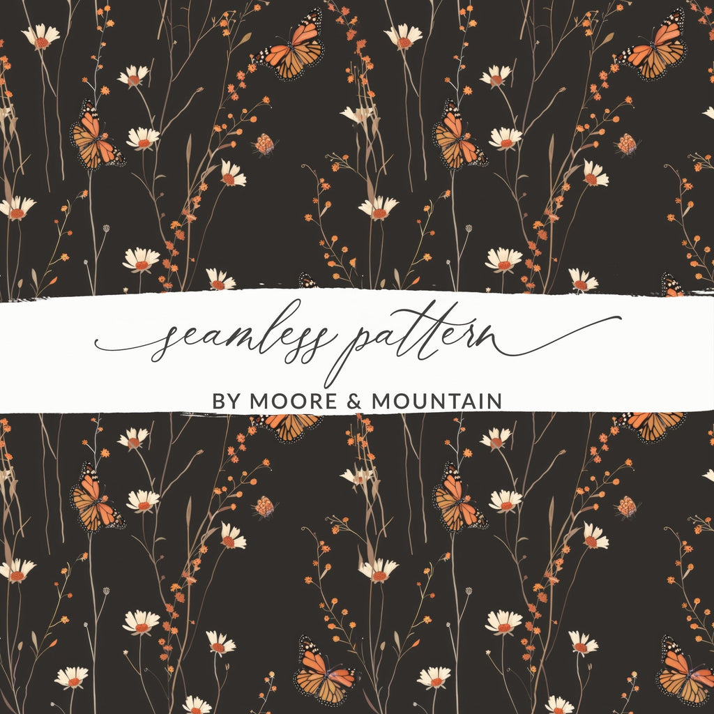 Dark Wildflowers and Butterflies Summer Pattern Dark Background Digital - Moore and Mountain
