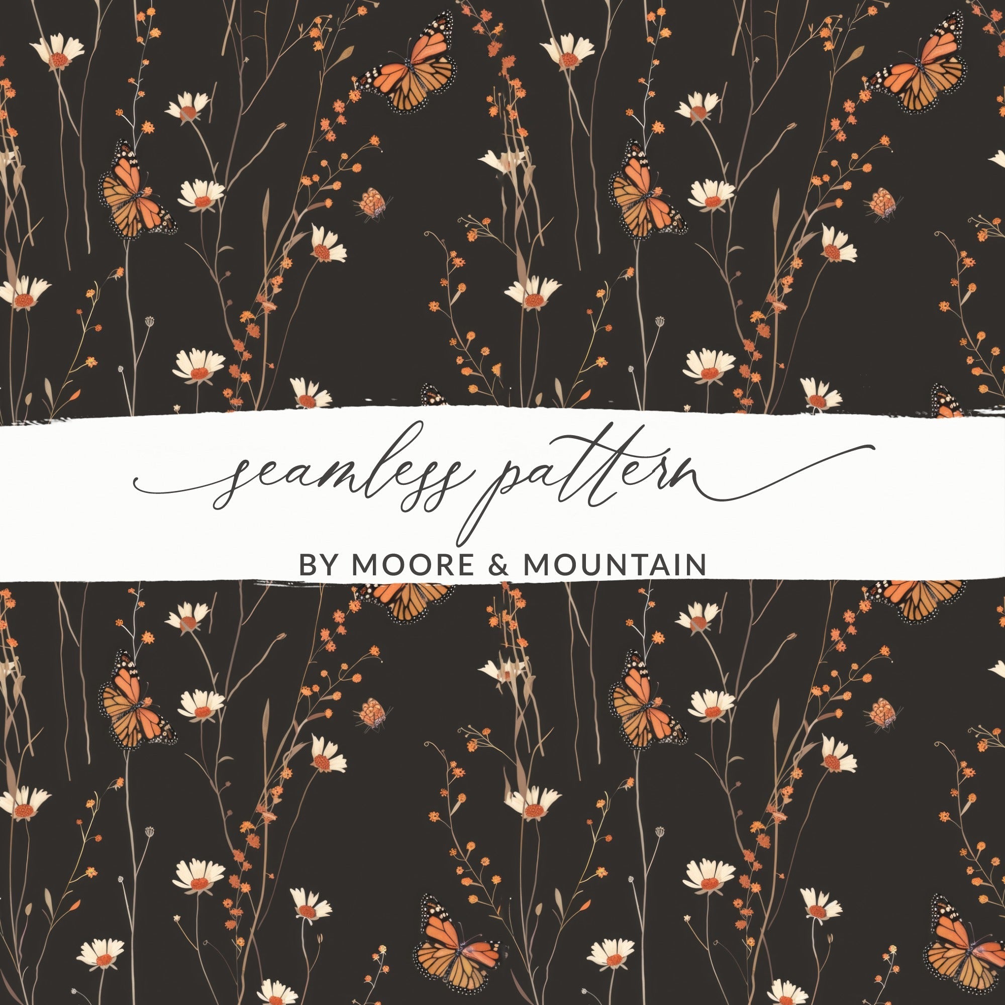 Dark Wildflowers and Butterflies Summer Pattern Dark Background Digital - Moore and Mountain