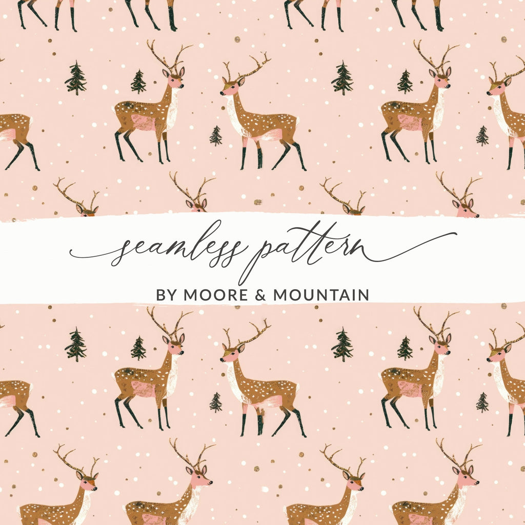 Deer Digital Paper, Seamless Pattern, Christmas Design, Pink Background, Winter Animals, Holiday Digital Download, Deer Illustration - Moore and Mountain