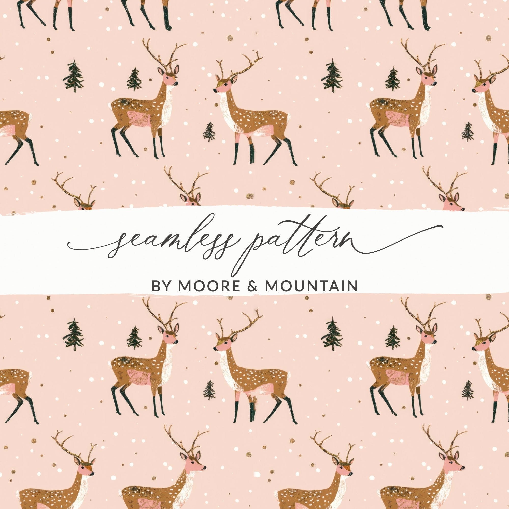Deer Digital Paper, Seamless Pattern, Christmas Design, Pink Background, Winter Animals, Holiday Digital Download, Deer Illustration - Moore and Mountain