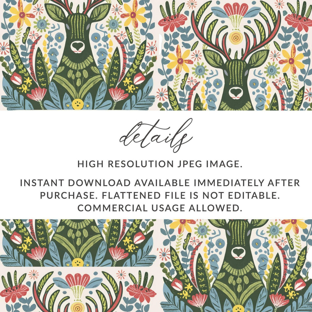 Deer Floral Seamless Pattern Digital Paper, Folk Art Reindeer JPEG, Boho Woodland Print, Scandinavian Design, Fabric, Scrapbooking - Moore and Mountain