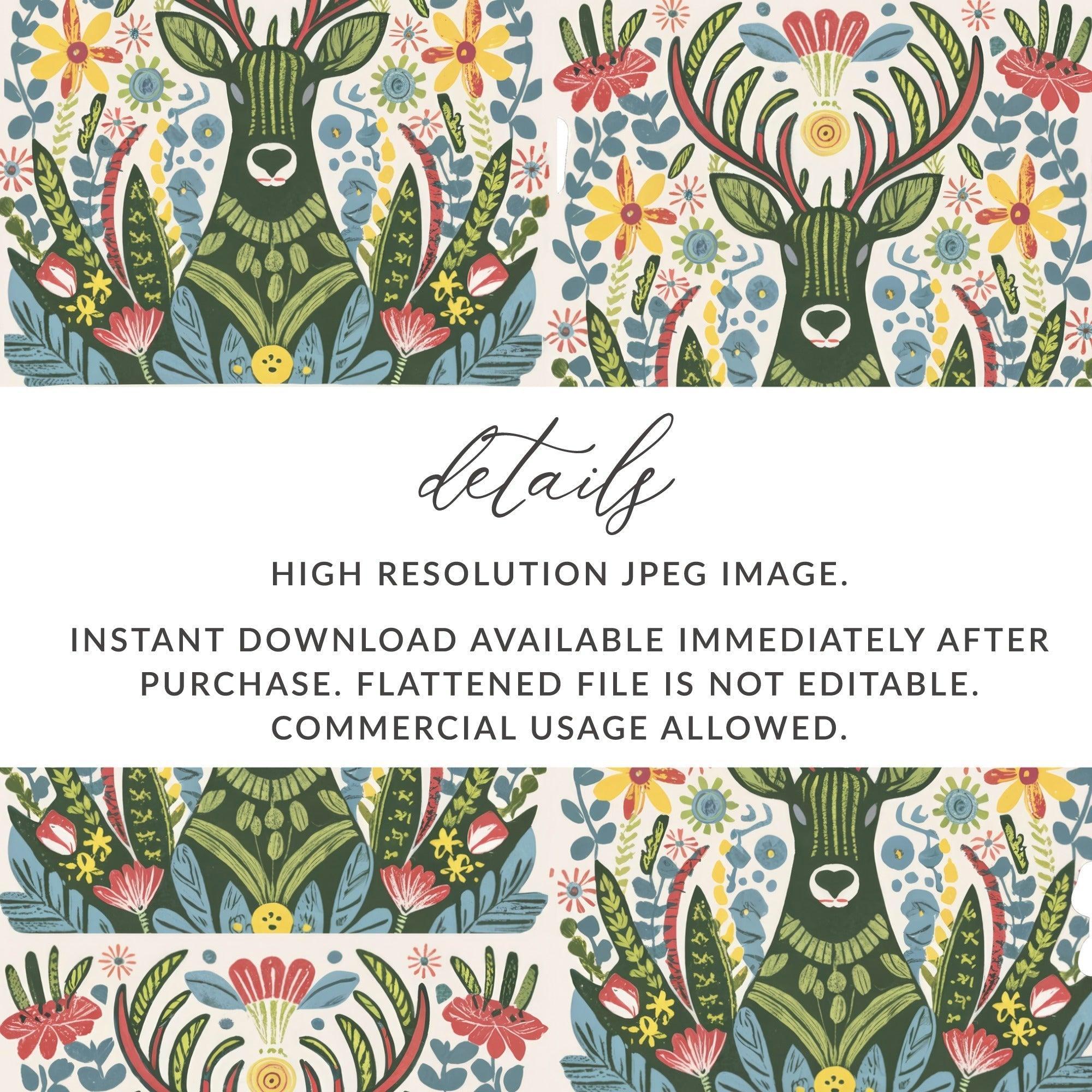 Deer Floral Seamless Pattern Digital Paper, Folk Art Reindeer JPEG, Boho Woodland Print, Scandinavian Design, Fabric, Scrapbooking - Moore and Mountain