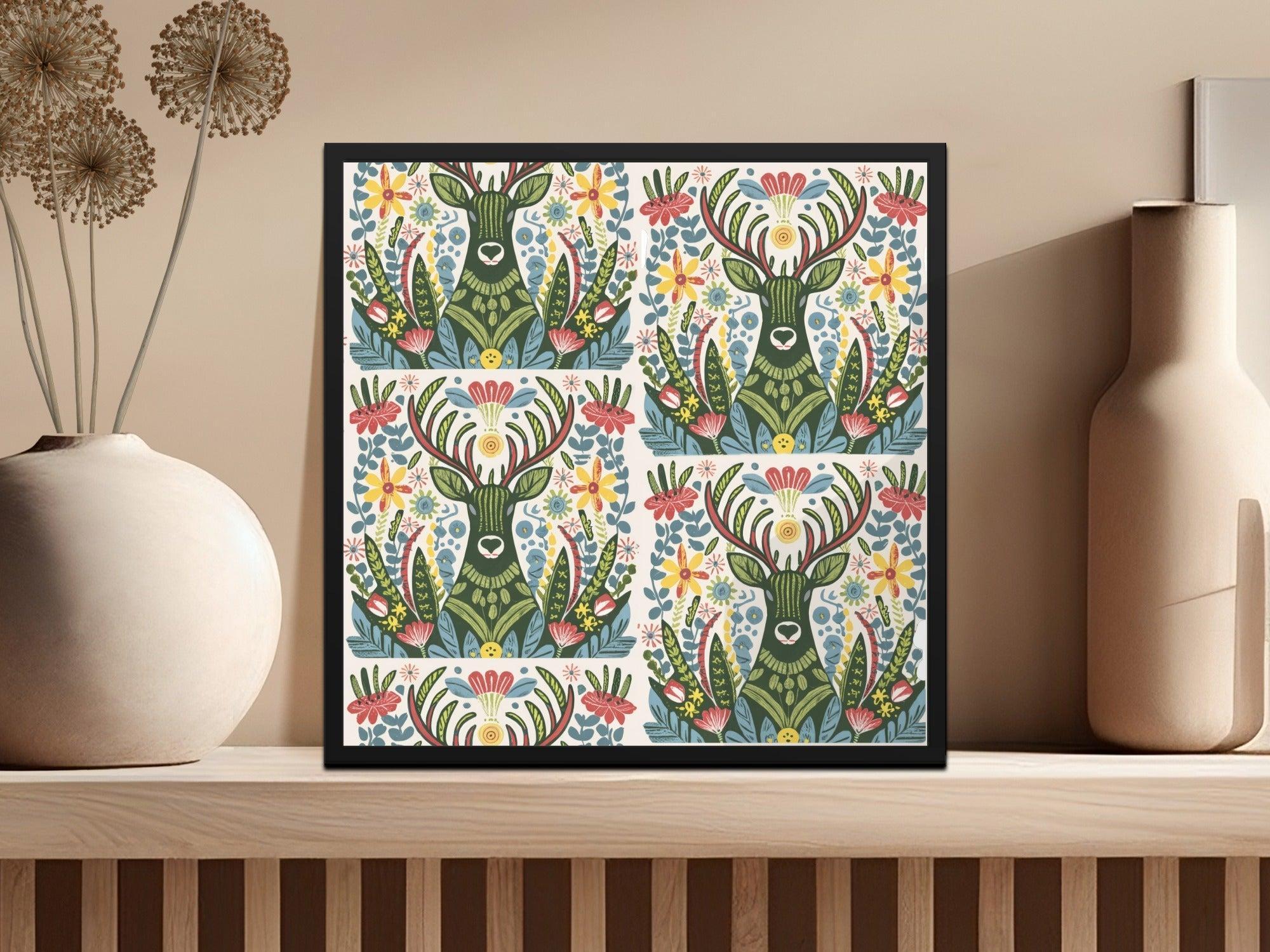 Deer Floral Seamless Pattern Digital Paper, Folk Art Reindeer JPEG, Boho Woodland Print, Scandinavian Design, Fabric, Scrapbooking - Moore and Mountain
