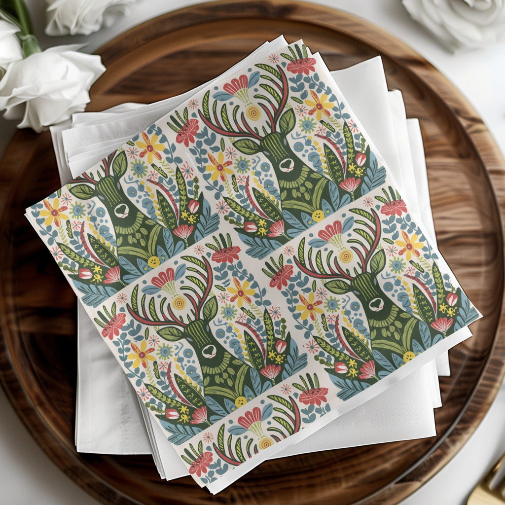 Deer Floral Seamless Pattern Digital Paper, Folk Art Reindeer JPEG, Boho Woodland Print, Scandinavian Design, Fabric, Scrapbooking - Moore and Mountain