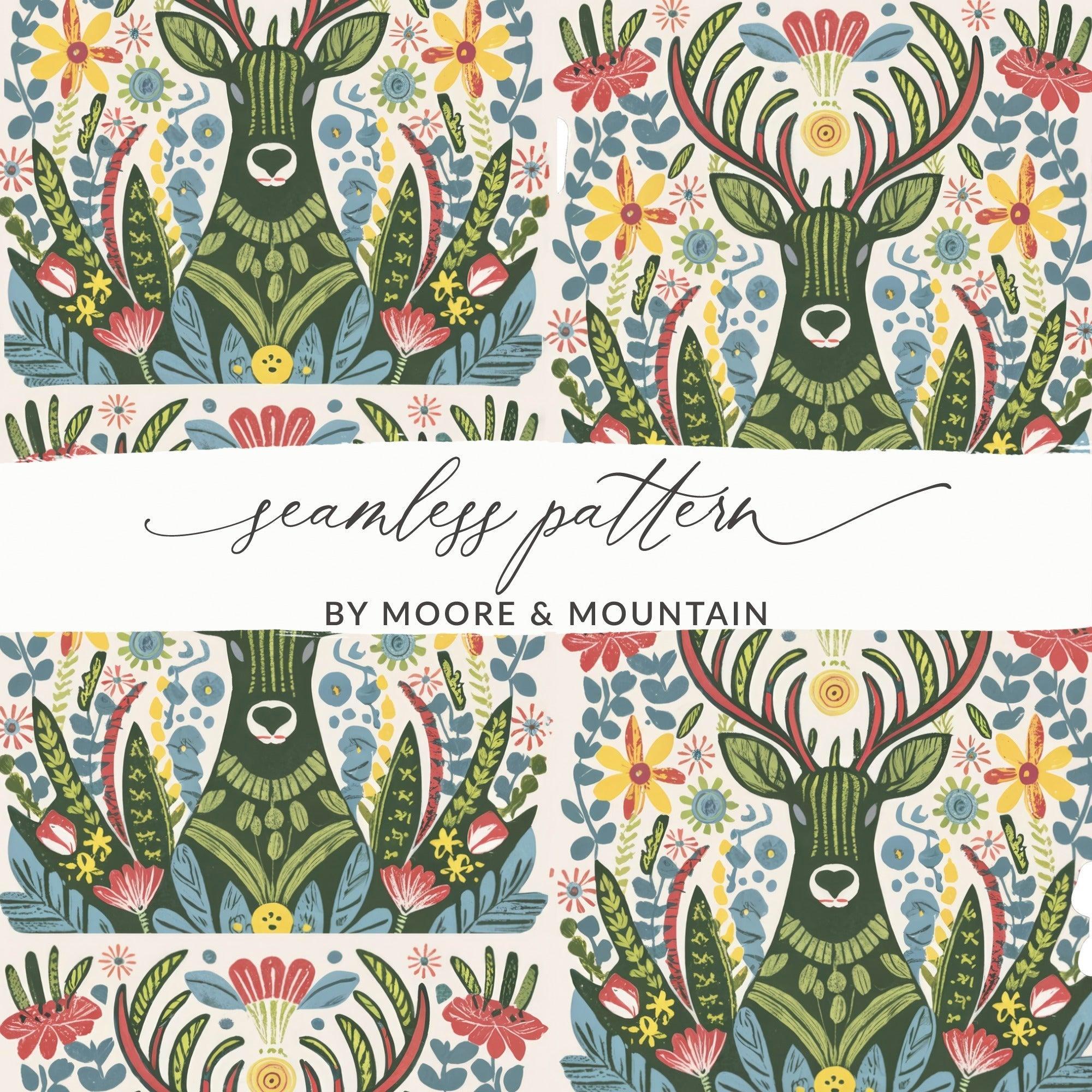 Deer Floral Seamless Pattern Digital Paper, Folk Art Reindeer JPEG, Boho Woodland Print, Scandinavian Design, Fabric, Scrapbooking - Moore and Mountain