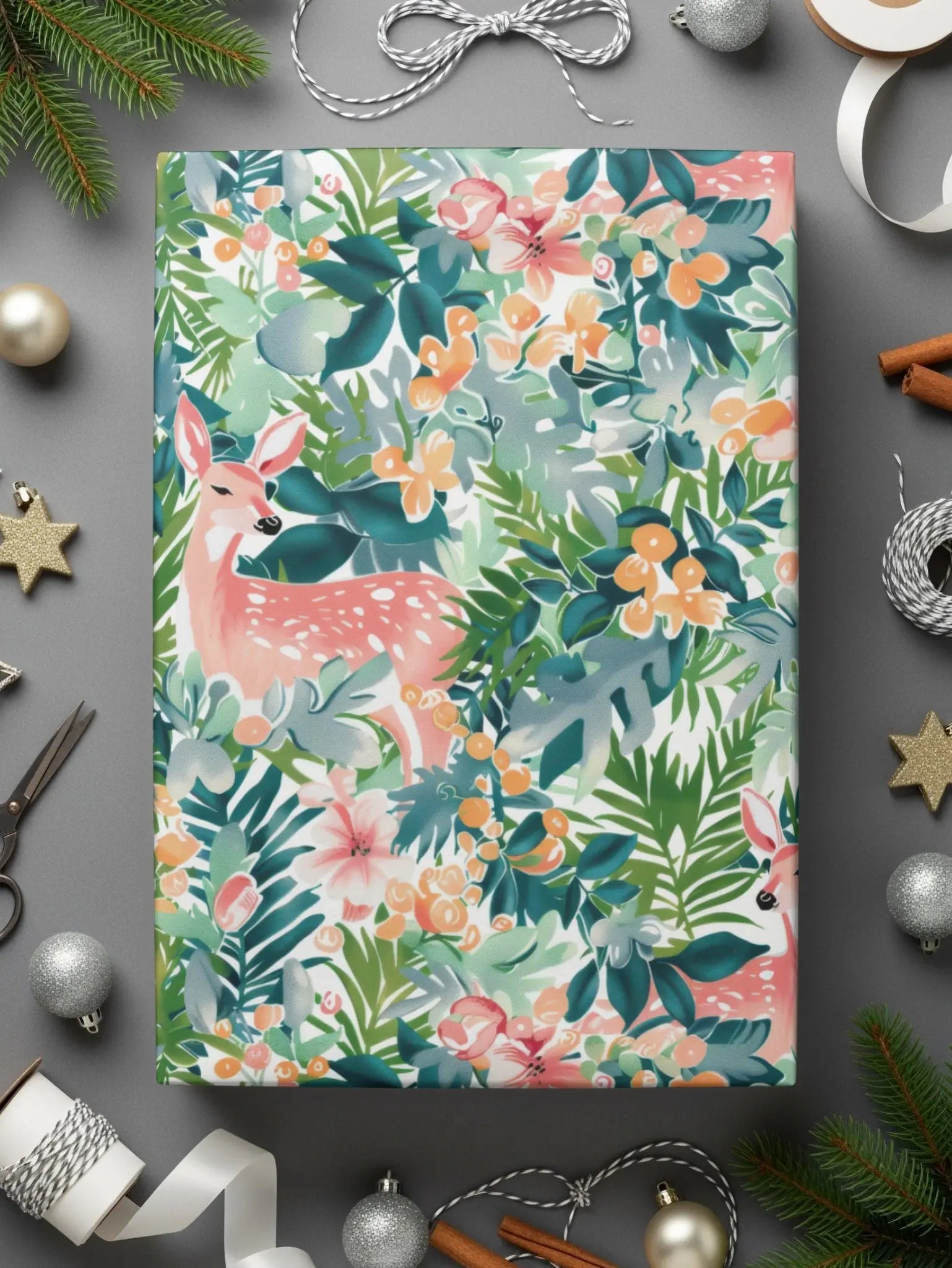 Deer Floral Seamless Pattern Digital, Tropical Leaves Print, Pink Deer, Watercolor Flowers, Printable Fabric Design, Digital Download - Moore and Mountain