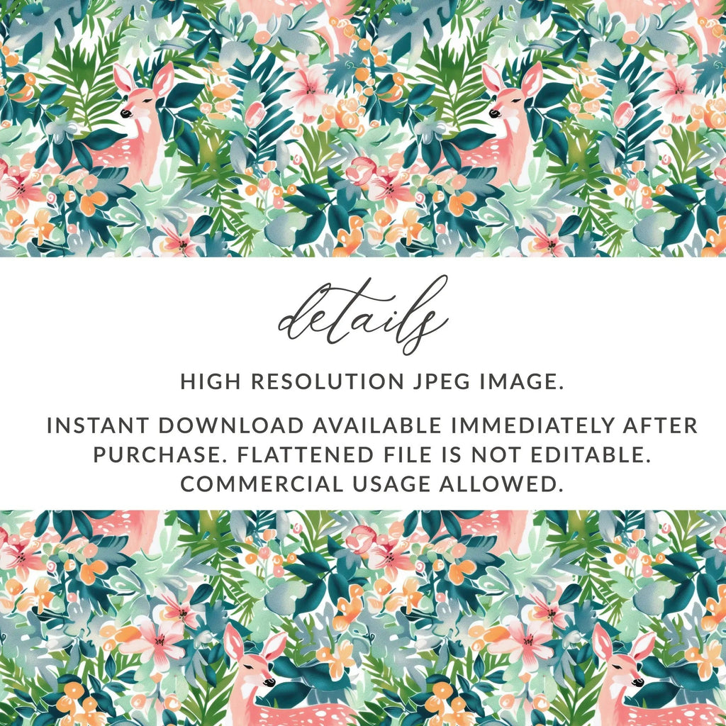 Deer Floral Seamless Pattern Digital, Tropical Leaves Print, Pink Deer, Watercolor Flowers, Printable Fabric Design, Digital Download - Moore and Mountain