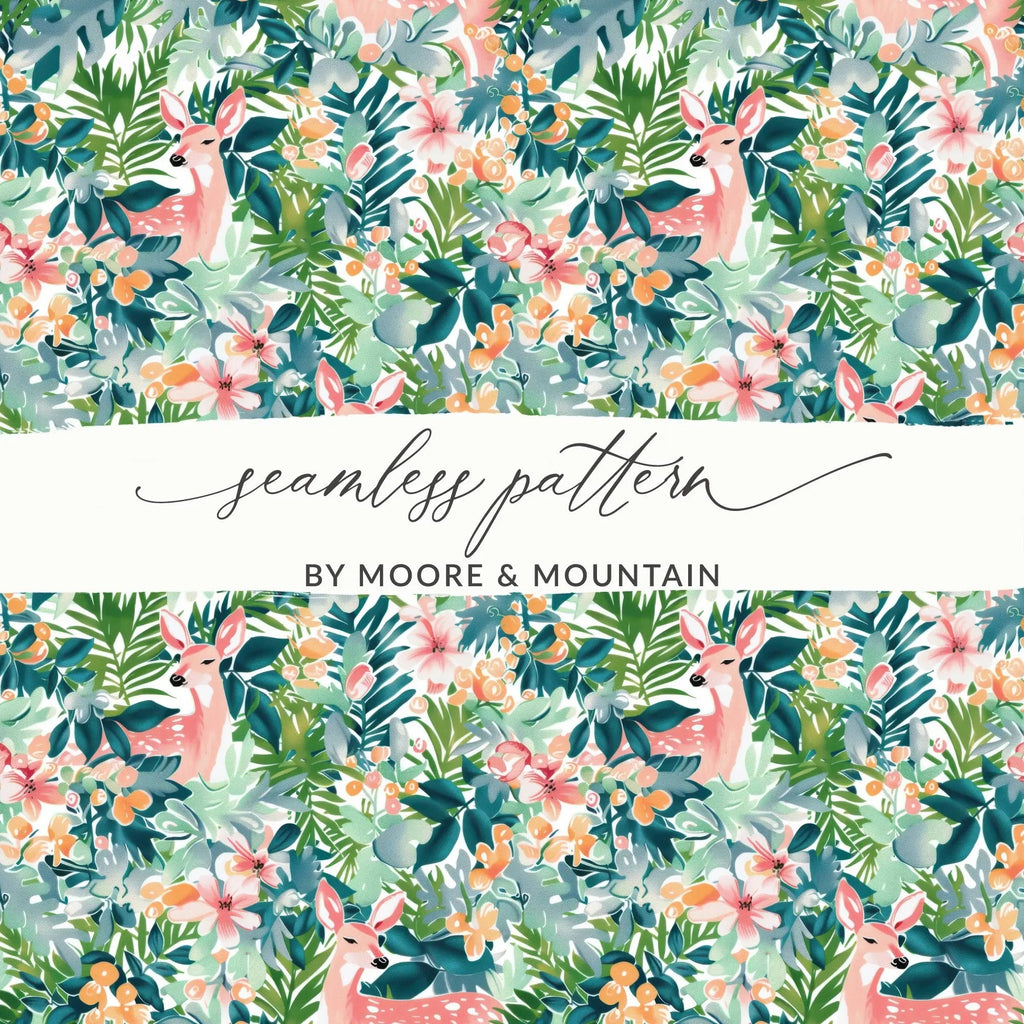 Deer Floral Seamless Pattern Digital, Tropical Leaves Print, Pink Deer, Watercolor Flowers, Printable Fabric Design, Digital Download - Moore and Mountain
