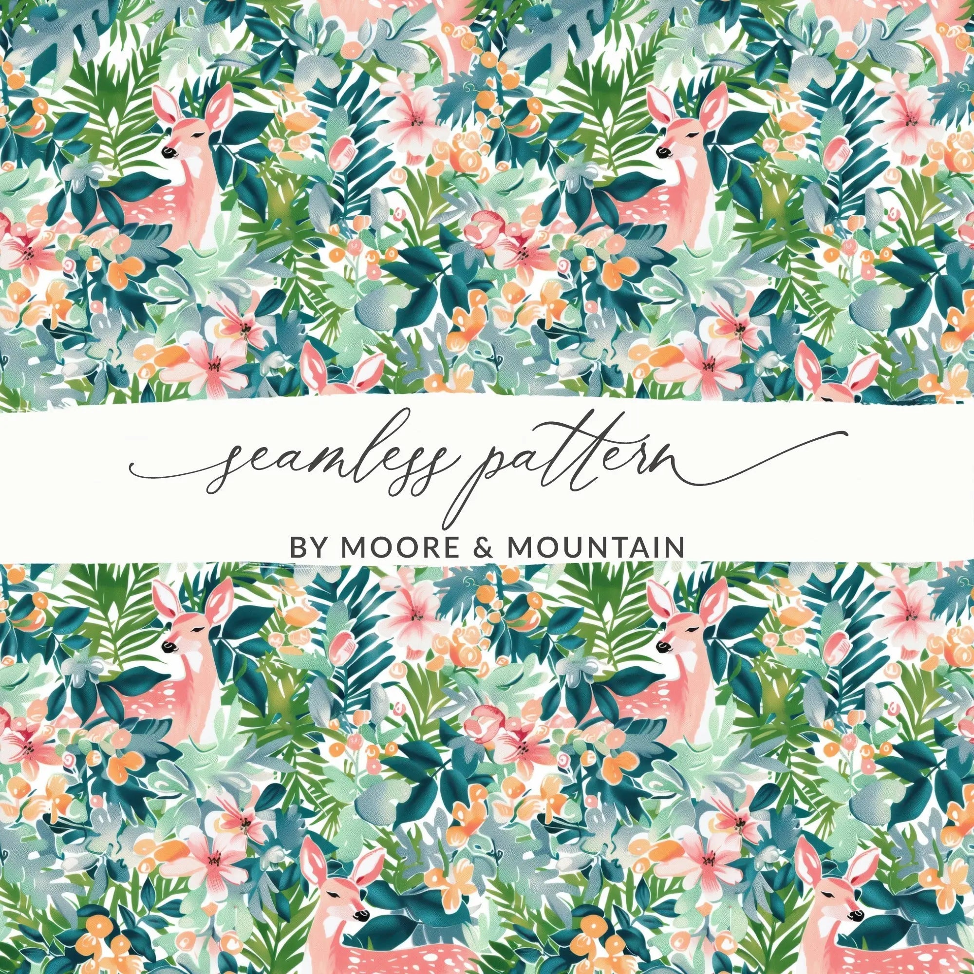 Deer Floral Seamless Pattern Digital, Tropical Leaves Print, Pink Deer, Watercolor Flowers, Printable Fabric Design, Digital Download - Moore and Mountain