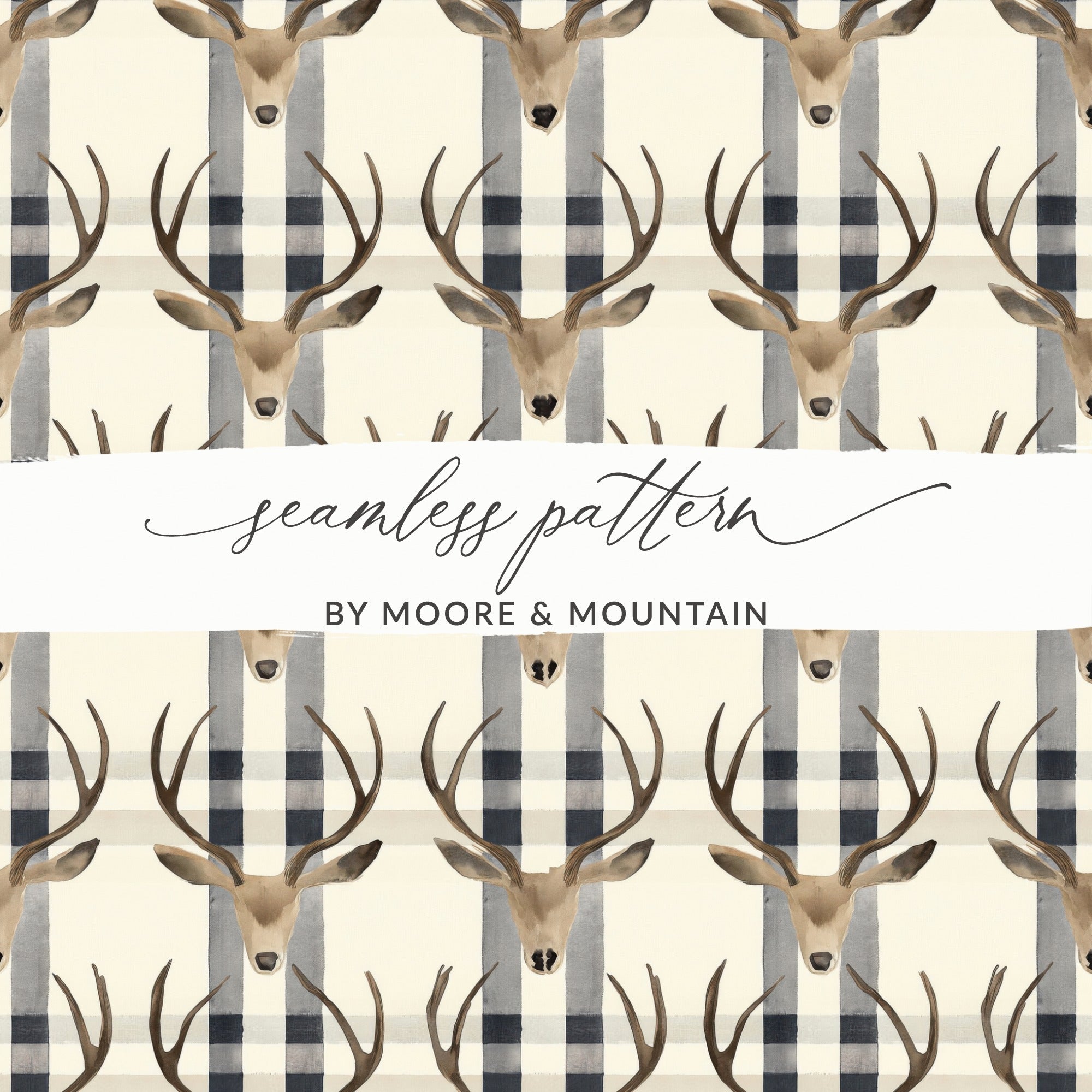 Deer Head Plaid Digital Paper, Seamless Pattern JPEG, Buffalo Check Pattern, Rustic Design, Woodland Pattern, Printable Fabric, Digital - Moore and Mountain