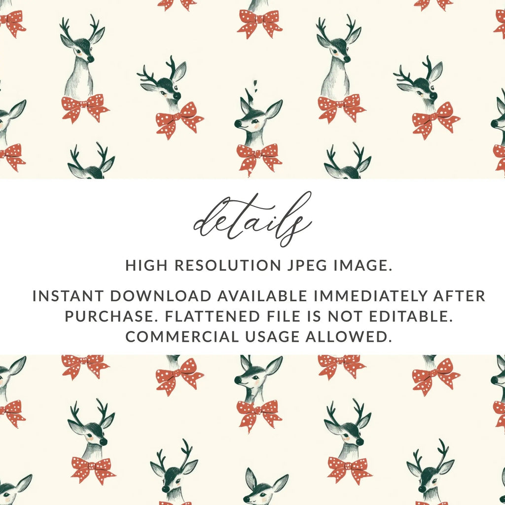 Deer with Bow Digital Paper, Christmas Seamless Pattern, Festive Repeat Pattern, Cute Holiday Pattern, Digital Download for Fabric, Craft - Moore and Mountain