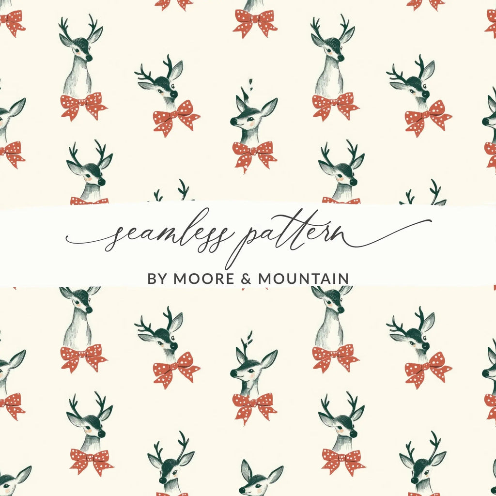 Deer with Bow Digital Paper, Christmas Seamless Pattern, Festive Repeat Pattern, Cute Holiday Pattern, Digital Download for Fabric, Craft - Moore and Mountain