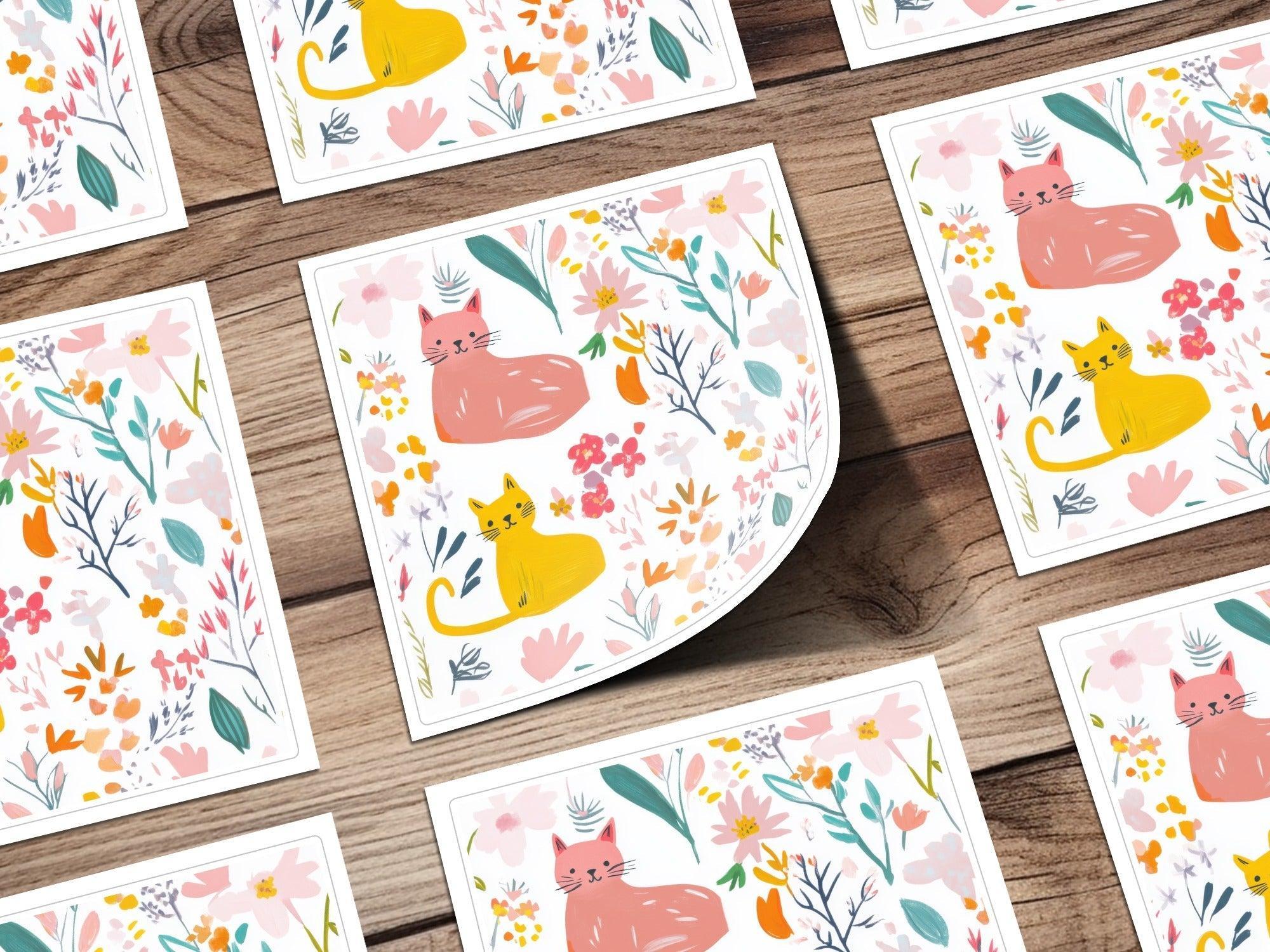 Digital Cat Floral Seamless Pattern, Pink Yellow, Modern Fabric Design, Printable Paper, Digital Files for Commercial Use 12x12 - Moore and Mountain