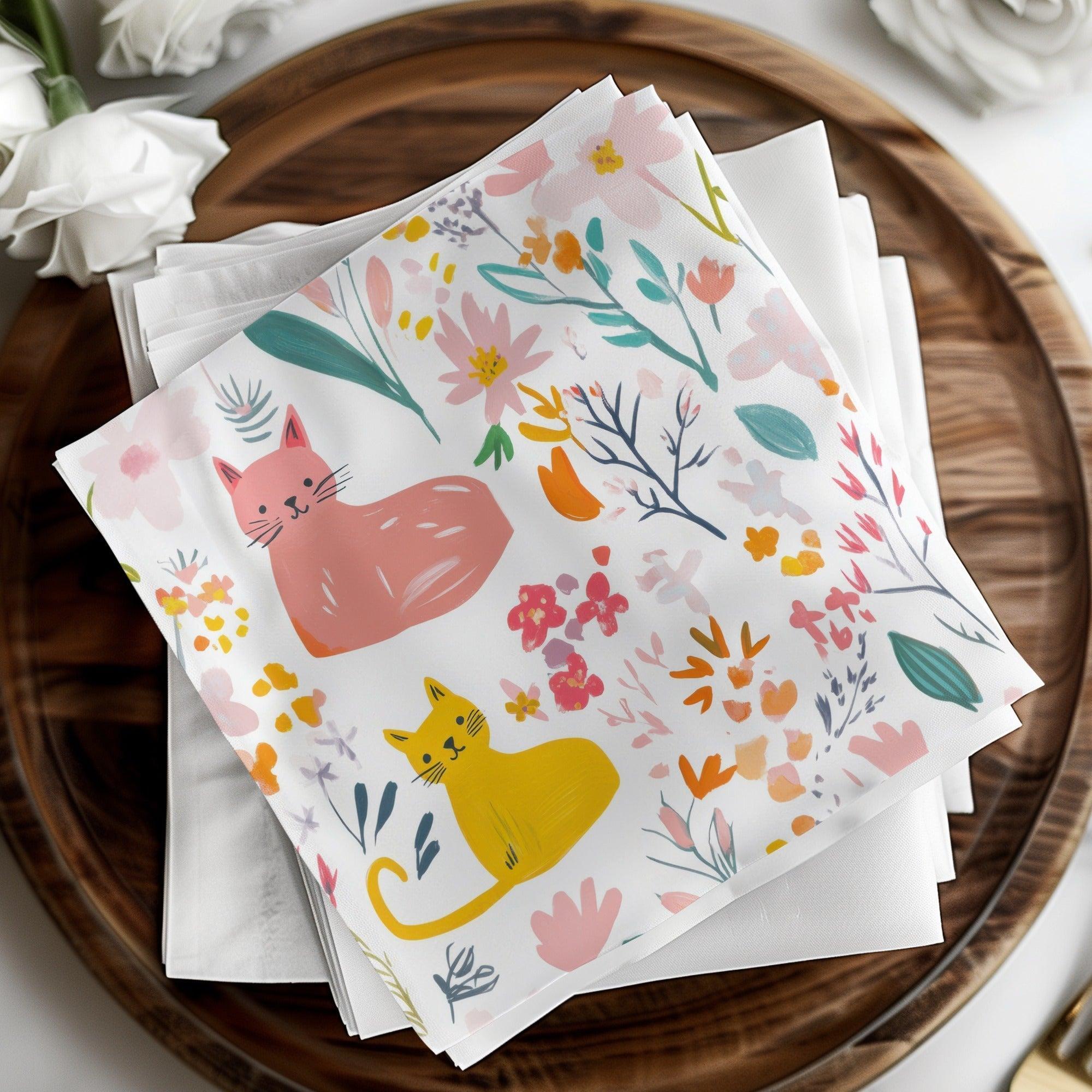 Digital Cat Floral Seamless Pattern, Pink Yellow, Modern Fabric Design, Printable Paper, Digital Files for Commercial Use 12x12 - Moore and Mountain
