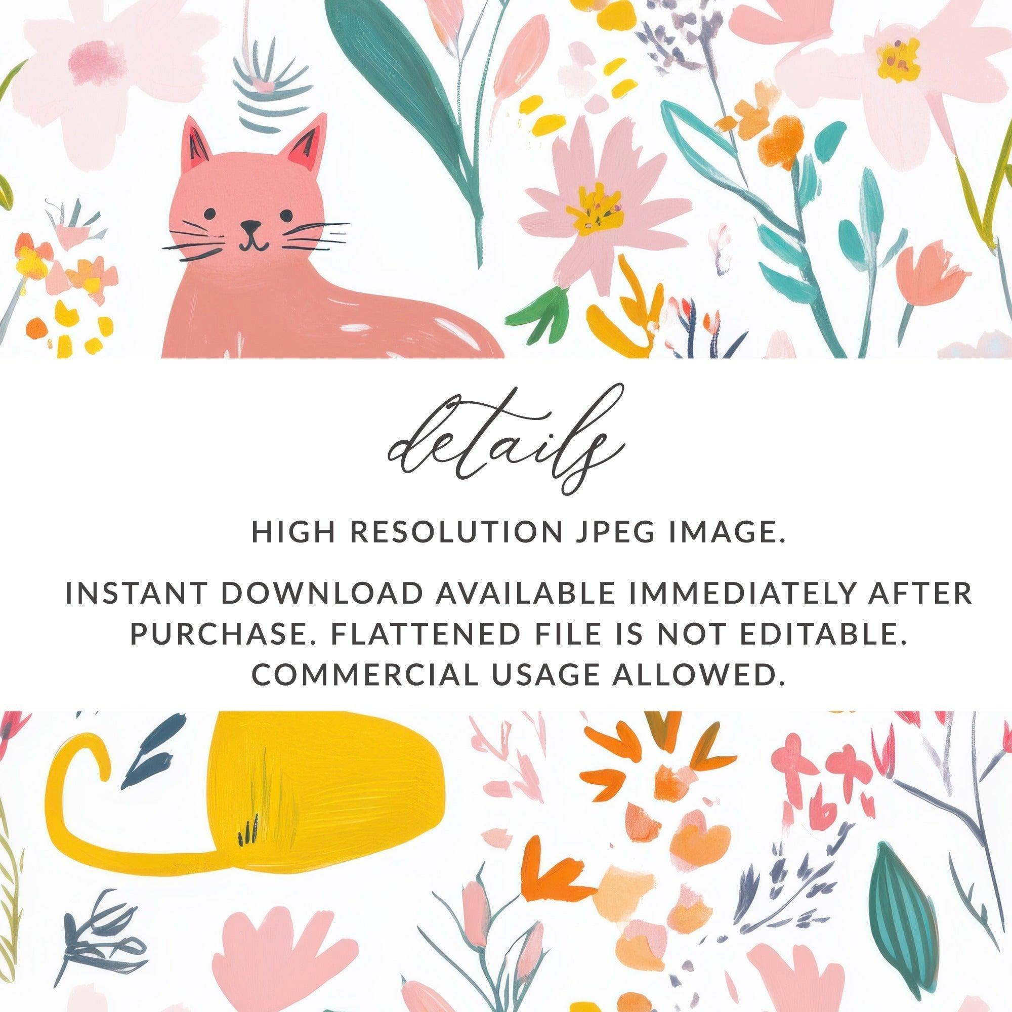Digital Cat Floral Seamless Pattern, Pink Yellow, Modern Fabric Design, Printable Paper, Digital Files for Commercial Use 12x12 - Moore and Mountain