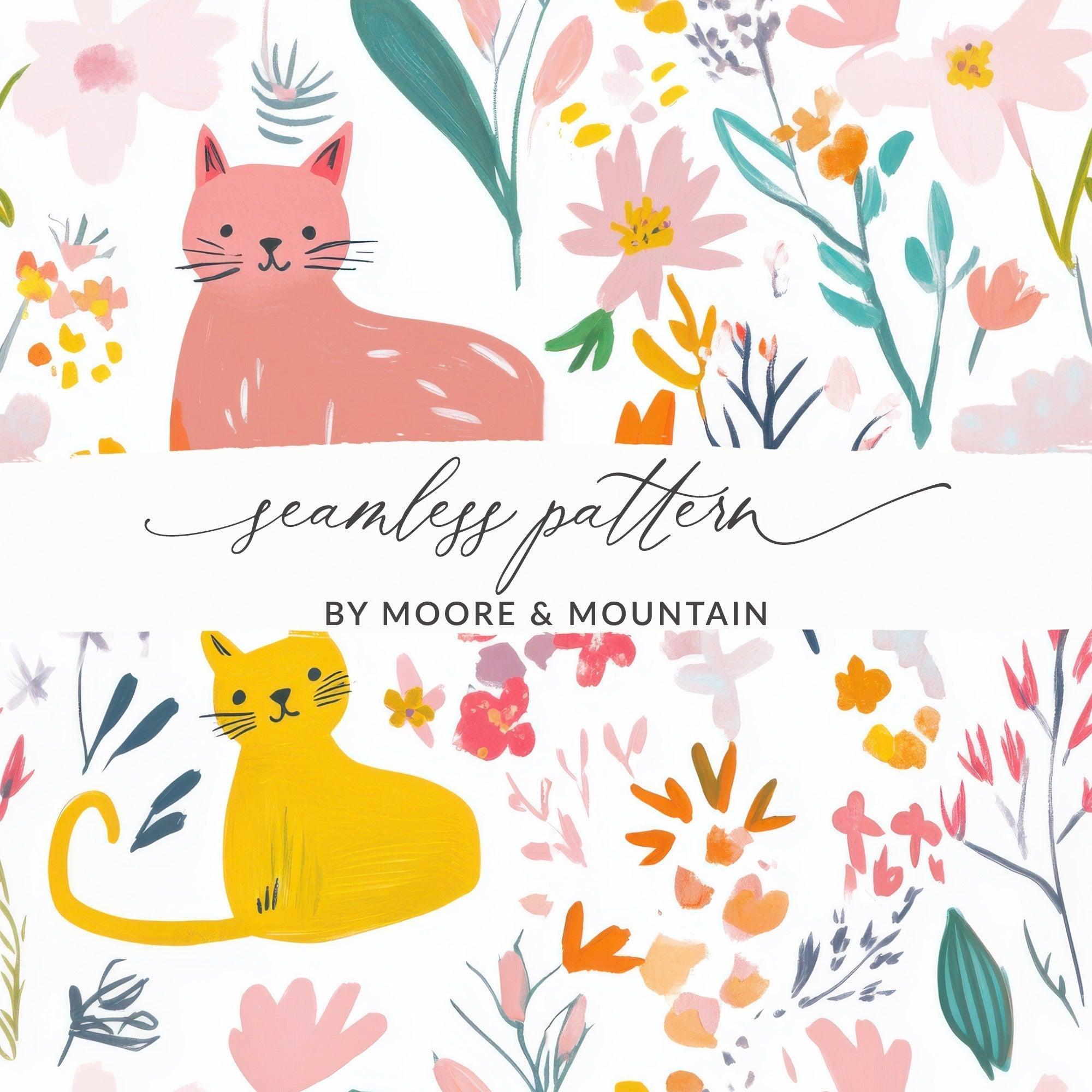 Digital Cat Floral Seamless Pattern, Pink Yellow, Modern Fabric Design, Printable Paper, Digital Files for Commercial Use 12x12 - Moore and Mountain