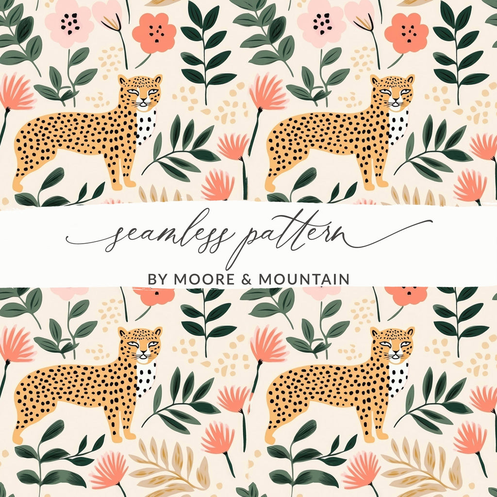 Digital Cheetah Pattern, Floral Print, Pink Green, Neutral Beige, Animal Print, Leopard Spots, Spring Pattern, Repeat Pattern Design - Moore and Mountain