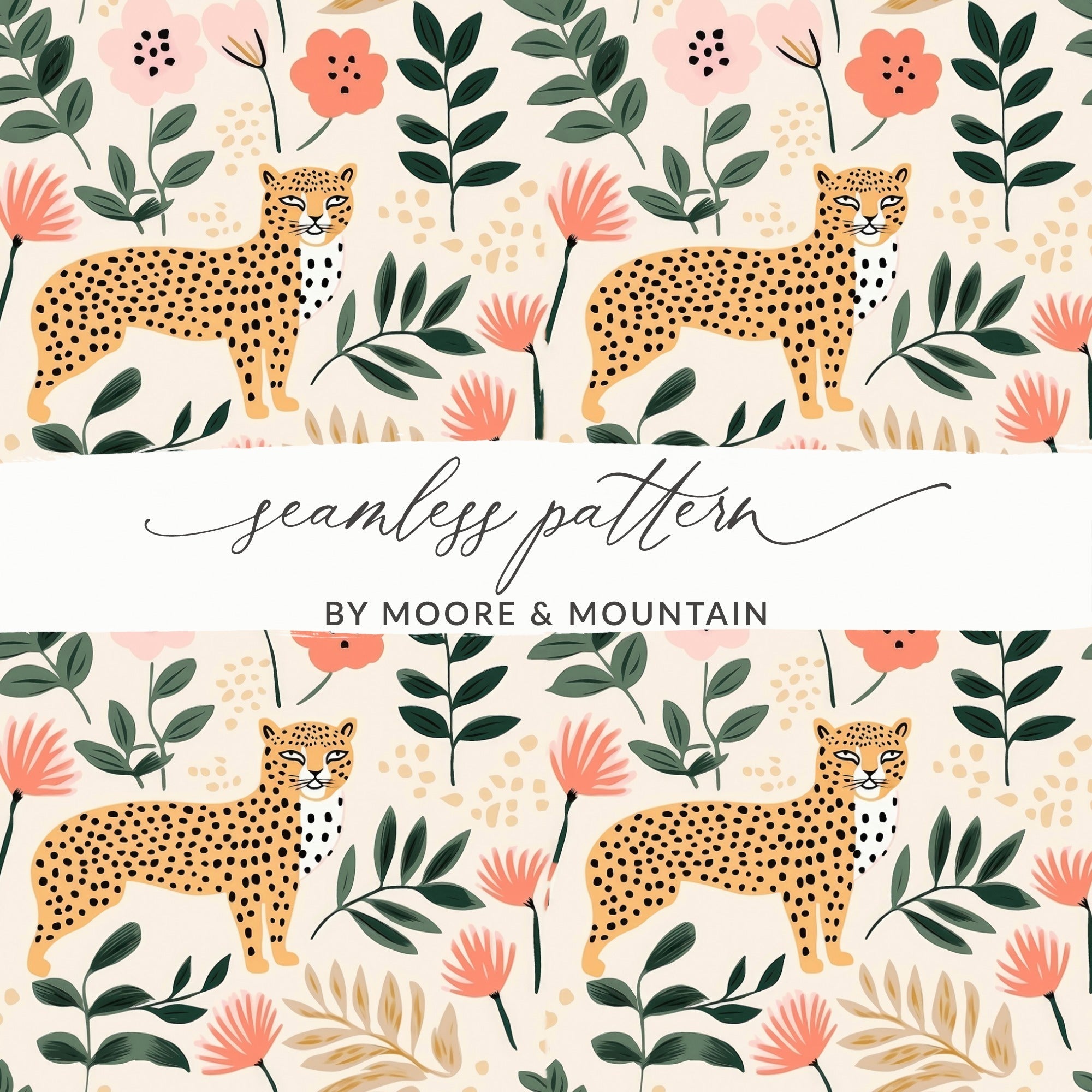 Digital Cheetah Pattern, Floral Print, Pink Green, Neutral Beige, Animal Print, Leopard Spots, Spring Pattern, Repeat Pattern Design - Moore and Mountain