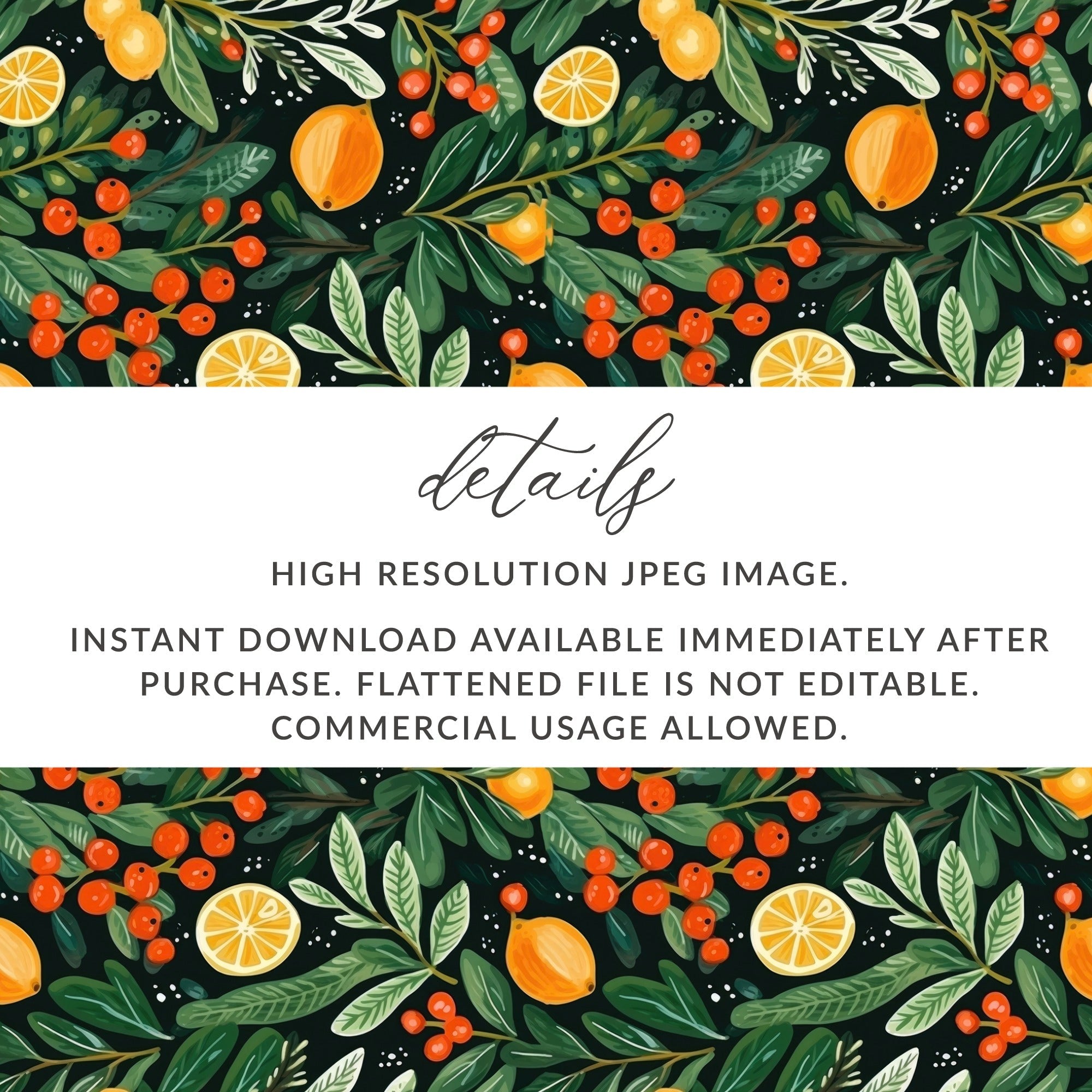 Digital Citrus Berries Seamless Pattern, Festive Fruit Leaves Repeat Digital Paper, Print on Demand, Fabric Design, Digital Download - Moore and Mountain