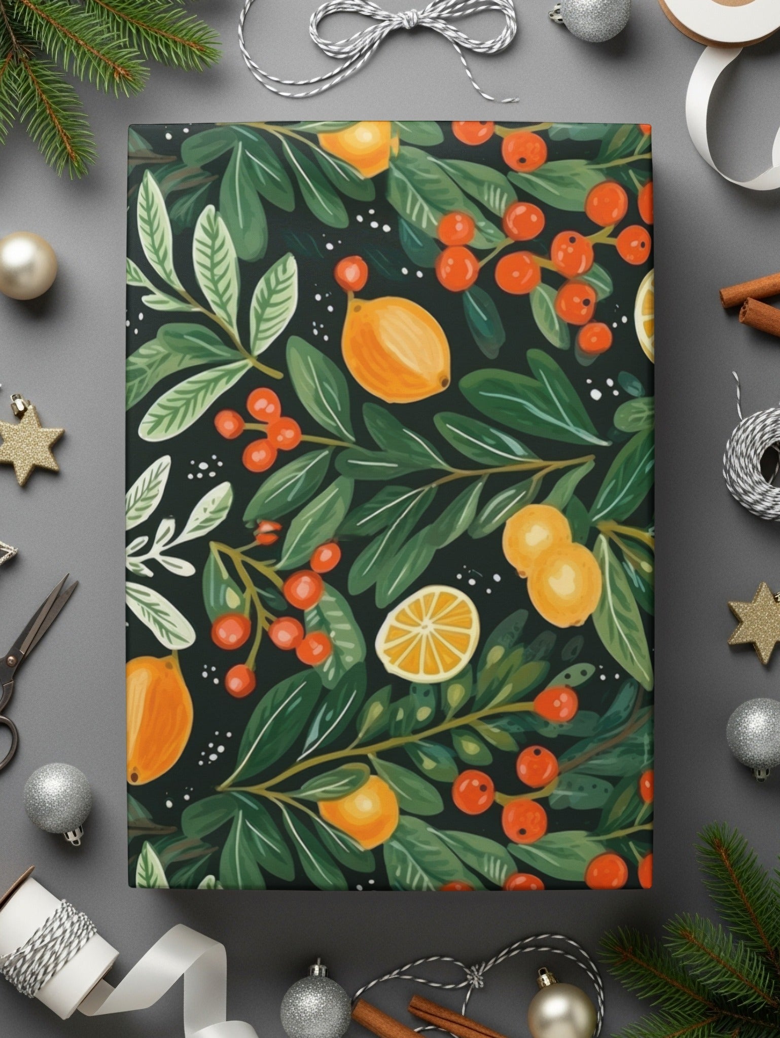 Digital Citrus Berries Seamless Pattern, Festive Fruit Leaves Repeat Digital Paper, Print on Demand, Fabric Design, Digital Download - Moore and Mountain