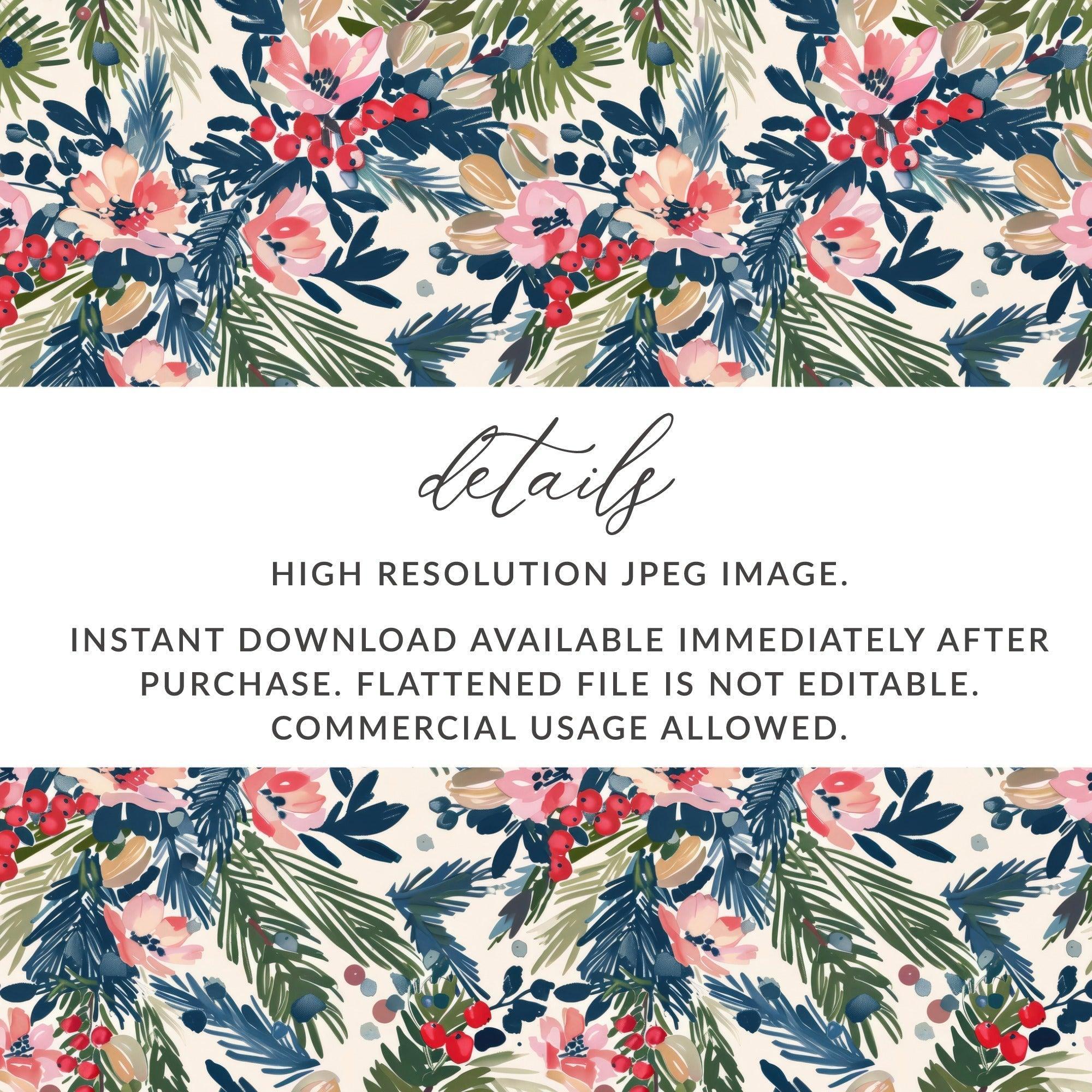 Digital Floral Christmas Seamless Pattern, Watercolor Flowers Pine Branches, Repeating Fabric Design, Scrapbooking Paper, Commercial Use - Moore and Mountain