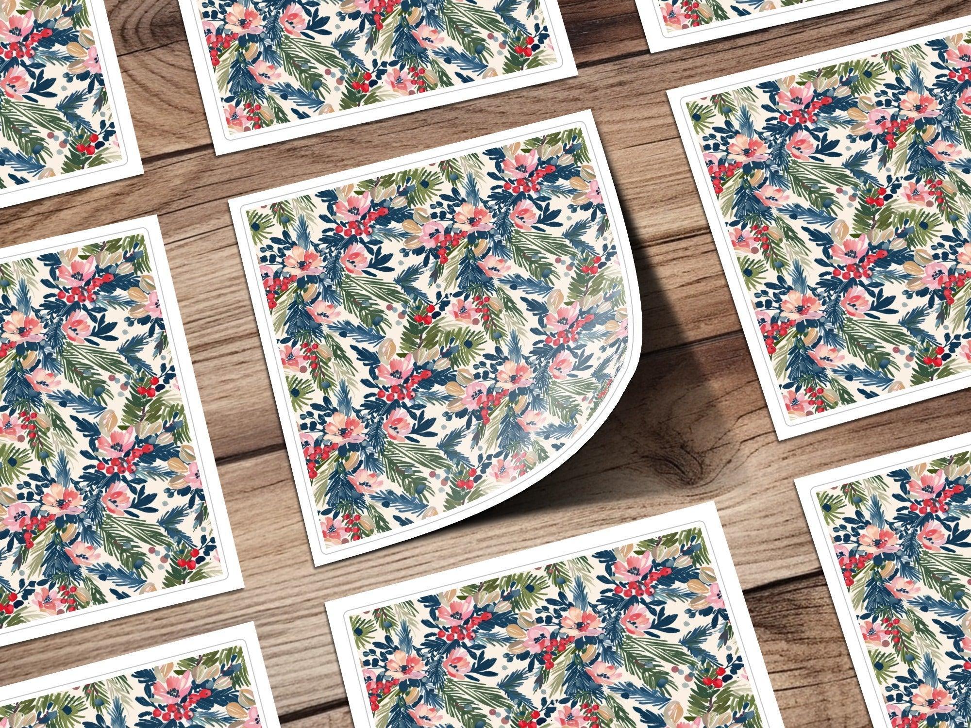 Digital Floral Christmas Seamless Pattern, Watercolor Flowers Pine Branches, Repeating Fabric Design, Scrapbooking Paper, Commercial Use - Moore and Mountain