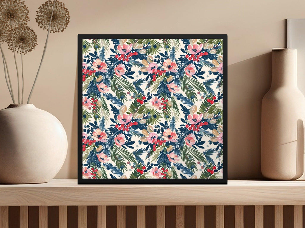Digital Floral Christmas Seamless Pattern, Watercolor Flowers Pine Branches, Repeating Fabric Design, Scrapbooking Paper, Commercial Use - Moore and Mountain