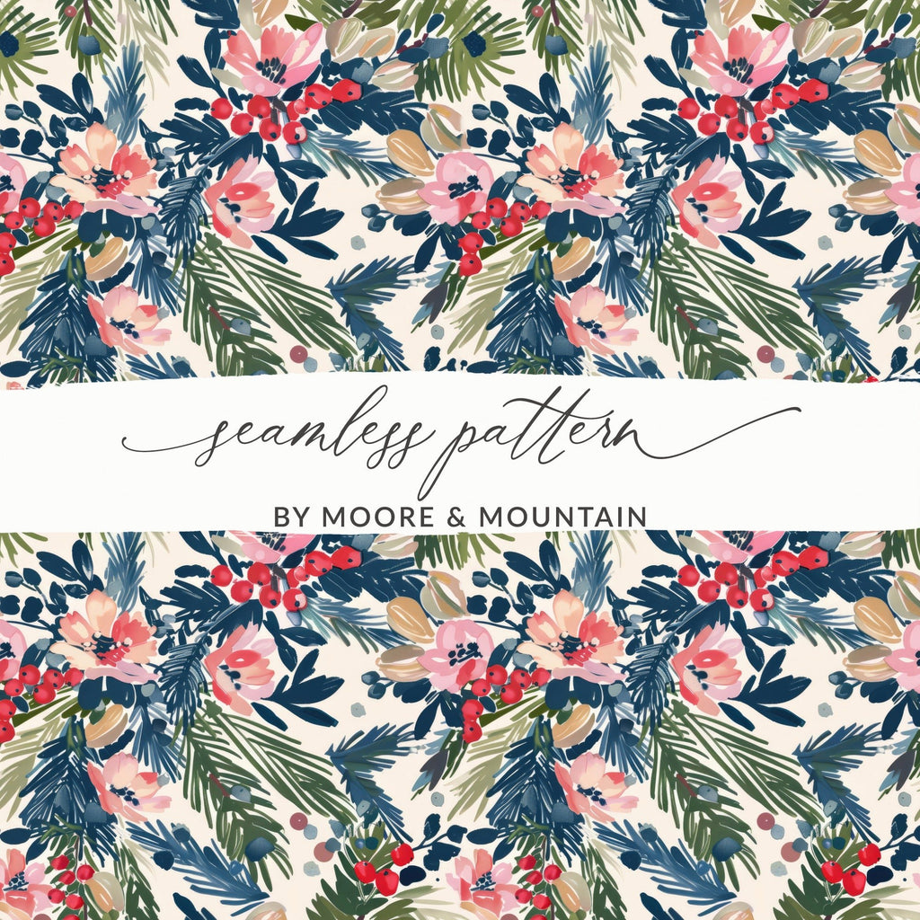 Digital Floral Christmas Seamless Pattern, Watercolor Flowers Pine Branches, Repeating Fabric Design, Scrapbooking Paper, Commercial Use - Moore and Mountain