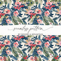 Digital Floral Christmas Seamless Pattern, Watercolor Flowers Pine Branches, Repeating Fabric Design, Scrapbooking Paper, Commercial Use - Moore and Mountain