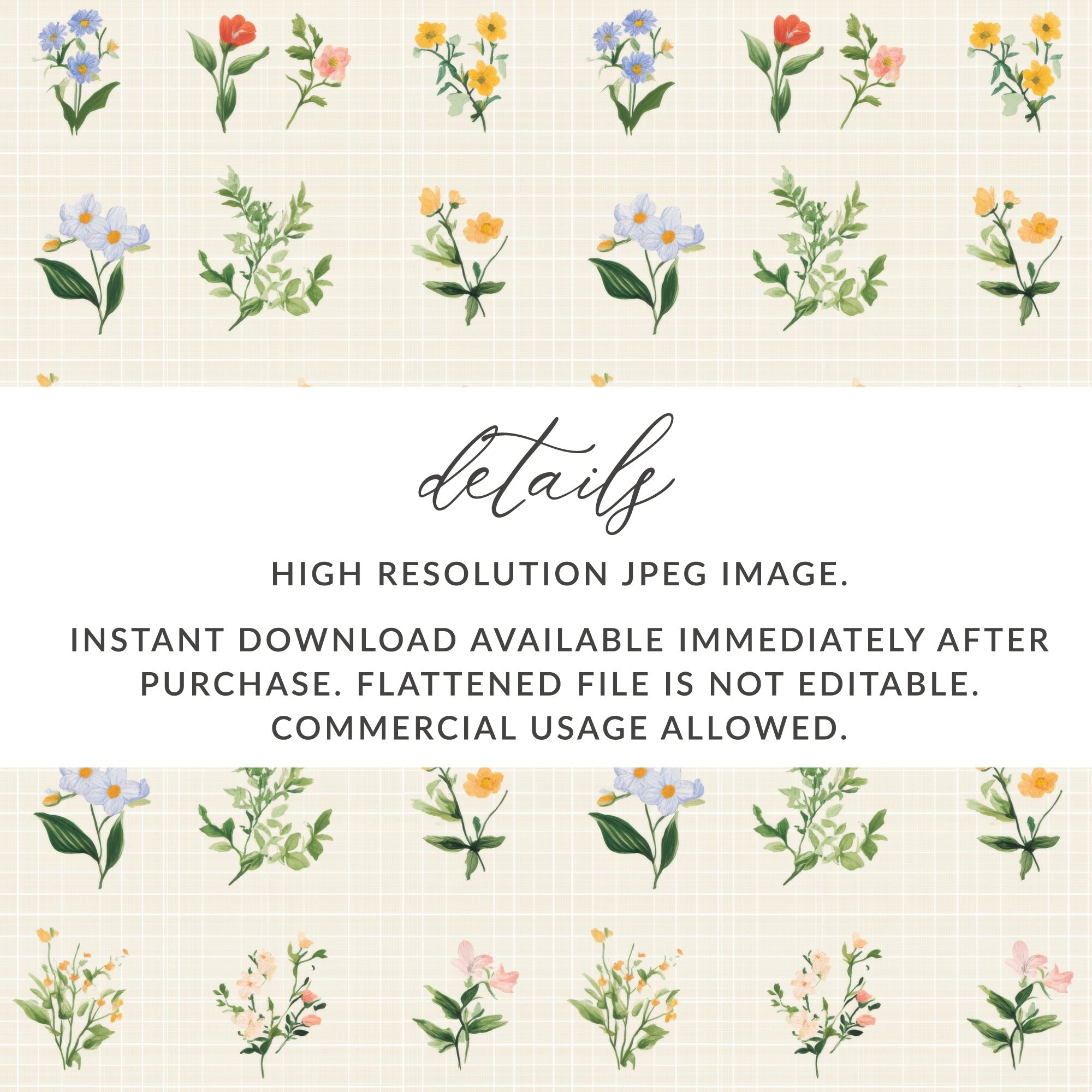 Digital Floral Clipart, Watercolor Flower Illustration, Seamless Pattern Tile, Scrapbook Paper, Digital Paper, Flower Design, Digital with colorful floral motifs on beige background.