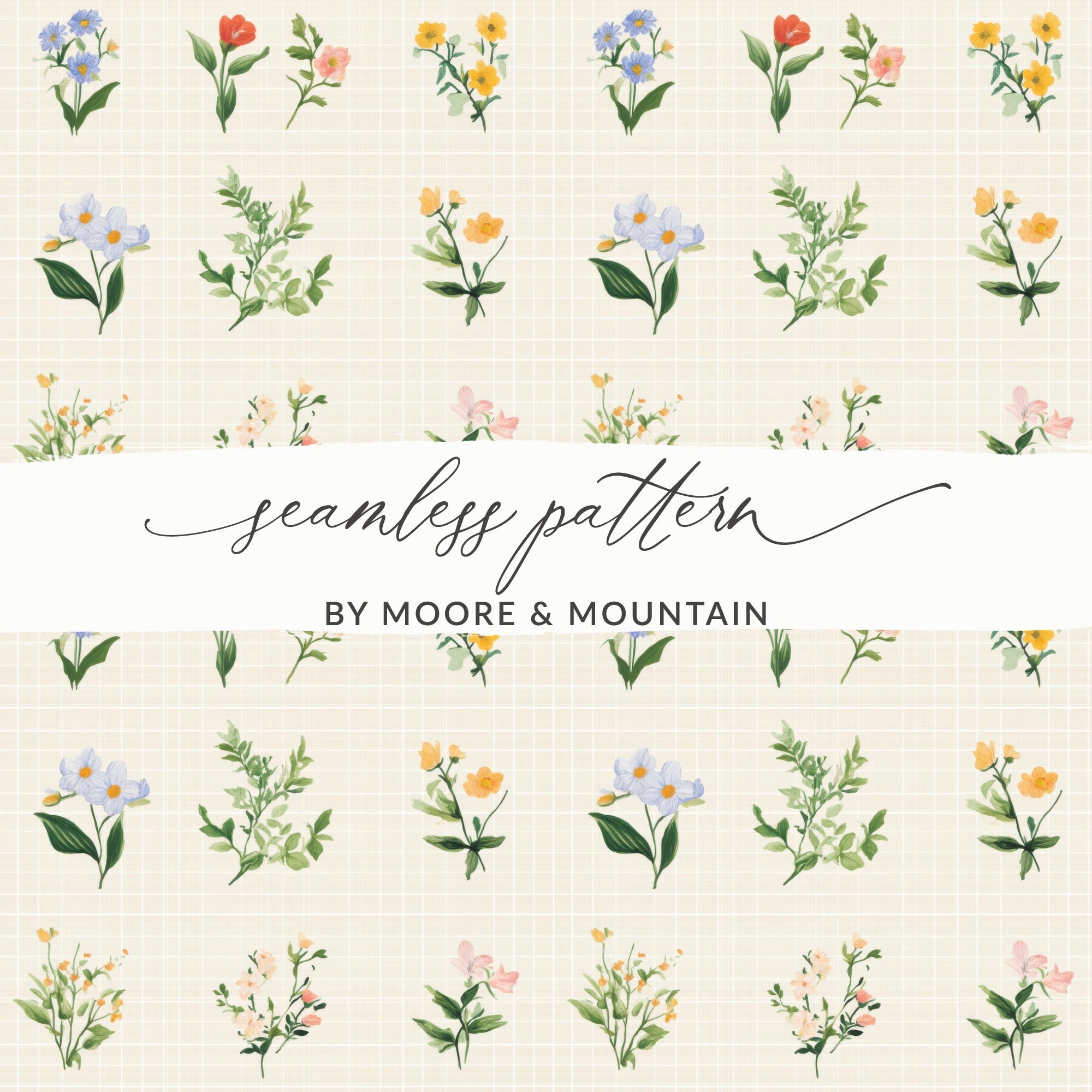 Digital Floral Clipart, Watercolor Flower Illustration, Seamless Pattern Tile, Scrapbook Paper, Digital Paper, Flower Design, Digital with soft pastel flowers on grid background
