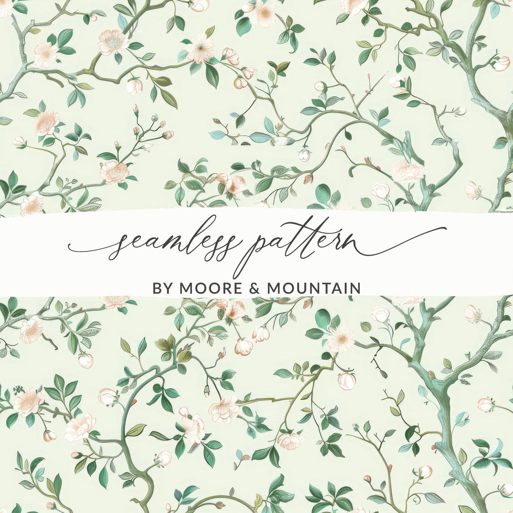 Digital Floral Pattern, Seamless Blossom Design, Chinoiserie Style, Flower Wallpaper, Printable Fabric Pattern, Floral Digital Paper - Moore and Mountain