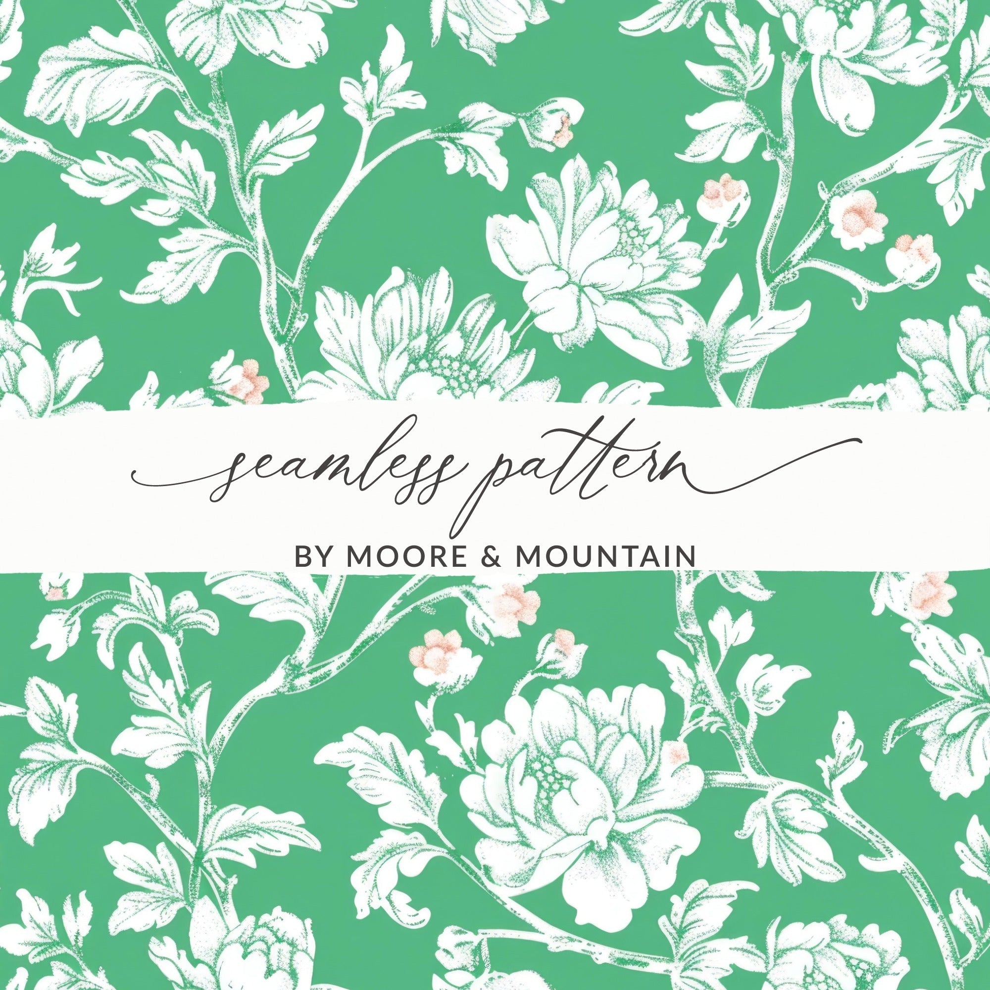 Digital Floral Pattern, Seamless Peony Design, Green and White Wallpaper, Printable Fabric Pattern, Scrapbooking Paper, 2 JPEG Scales - Moore and Mountain