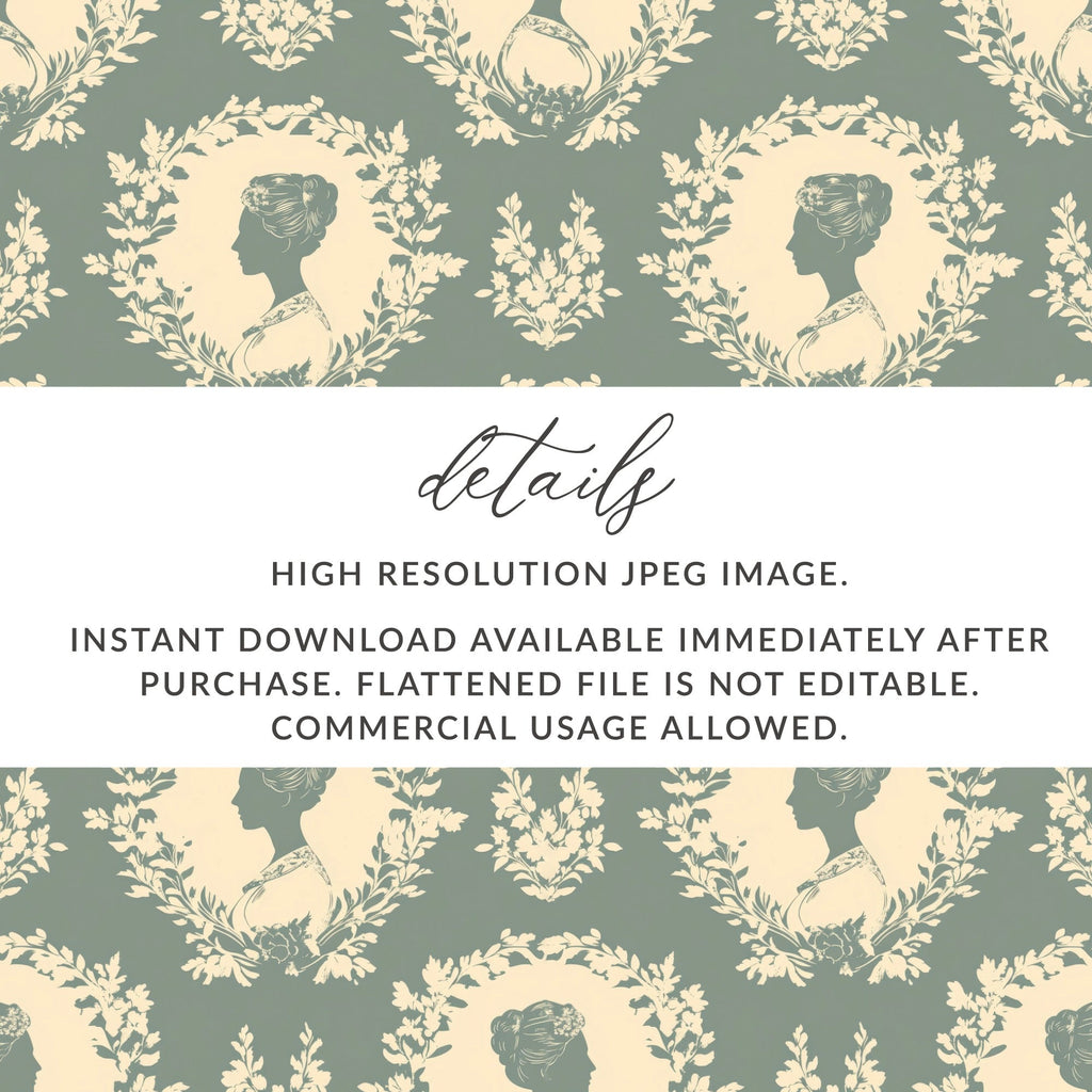 Digital Lady Cameo Floral Pattern, Seamless Floral Repeat Pattern, JPEG Files, Botanical Design, Feminine Pattern, Digital Paper Download - Moore and Mountain