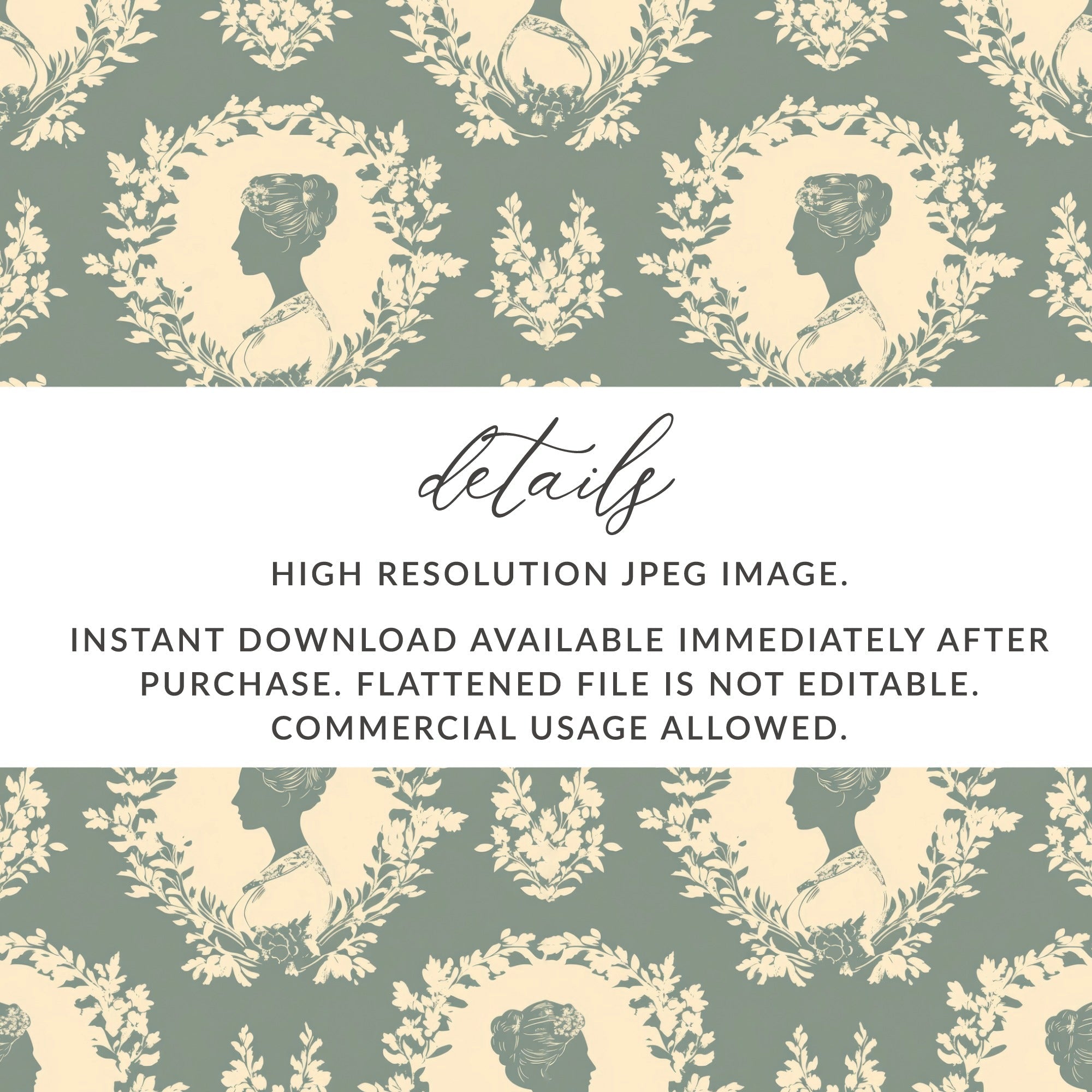 Digital Lady Cameo Floral Pattern, Seamless Floral Repeat Pattern, JPEG Files, Botanical Design, Feminine Pattern, Digital Paper Download - Moore and Mountain