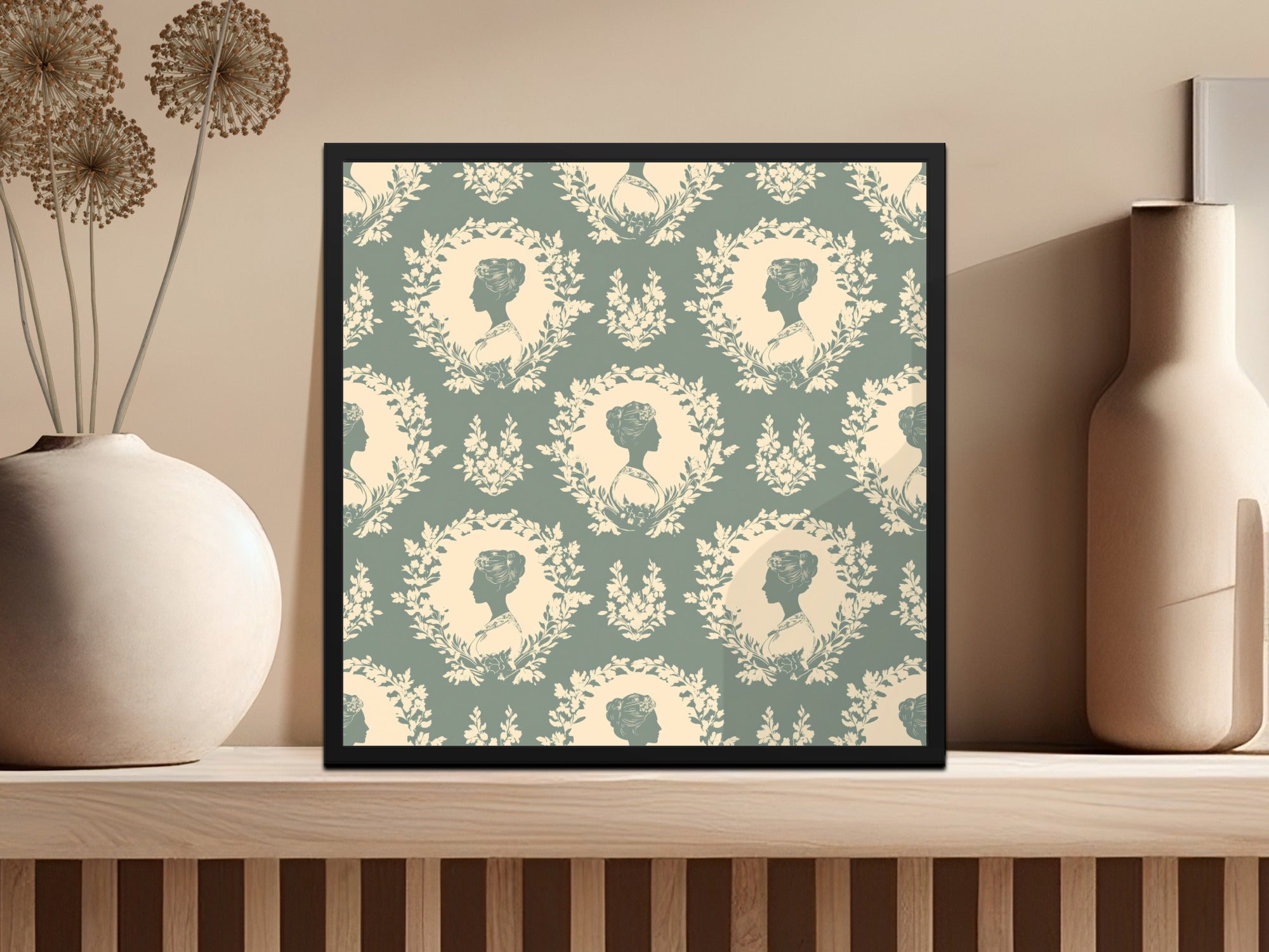 Digital Lady Cameo Floral Pattern, Seamless Floral Repeat Pattern, JPEG Files, Botanical Design, Feminine Pattern, Digital Paper Download - Moore and Mountain