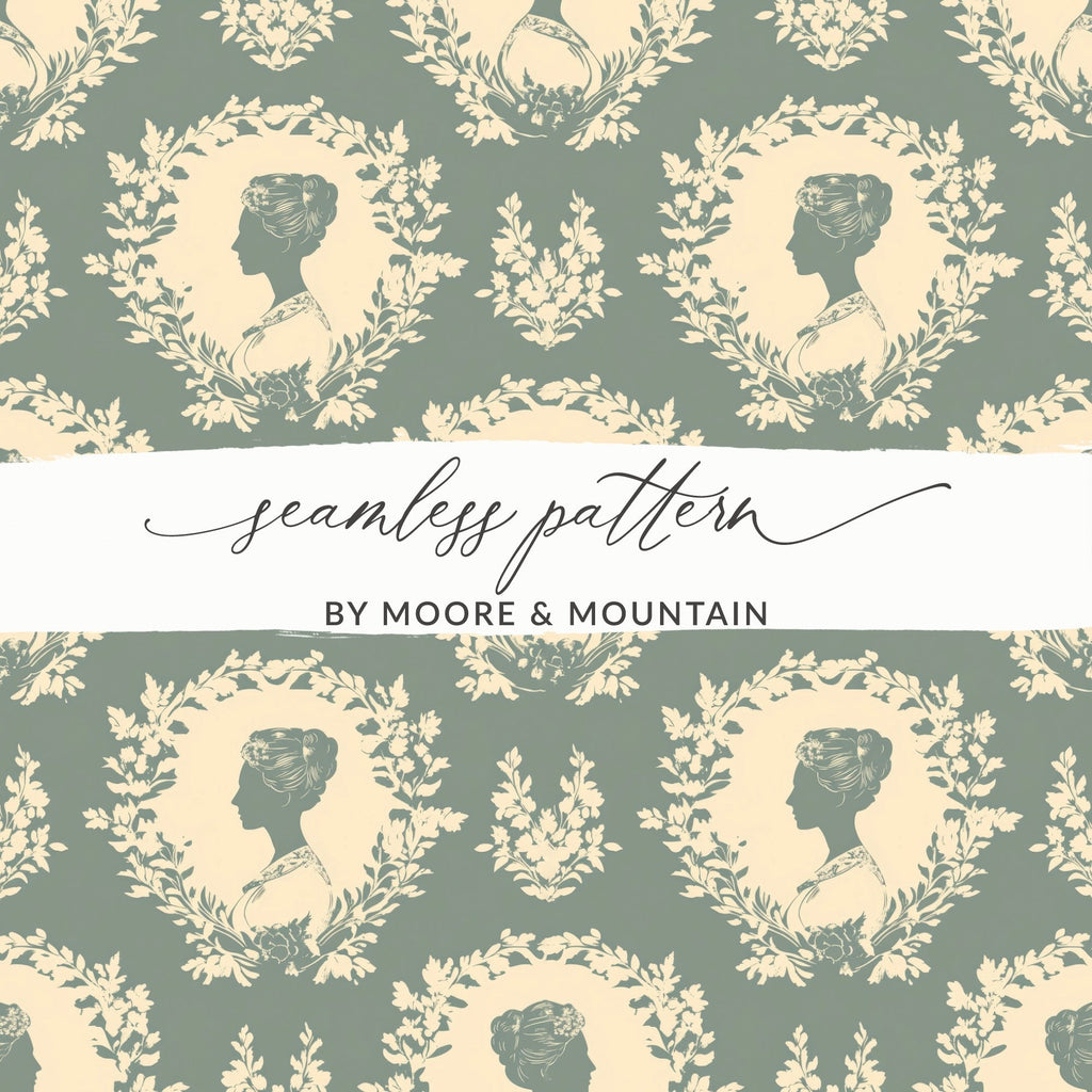 Digital Lady Cameo Floral Pattern, Seamless Floral Repeat Pattern, JPEG Files, Botanical Design, Feminine Pattern, Digital Paper Download - Moore and Mountain