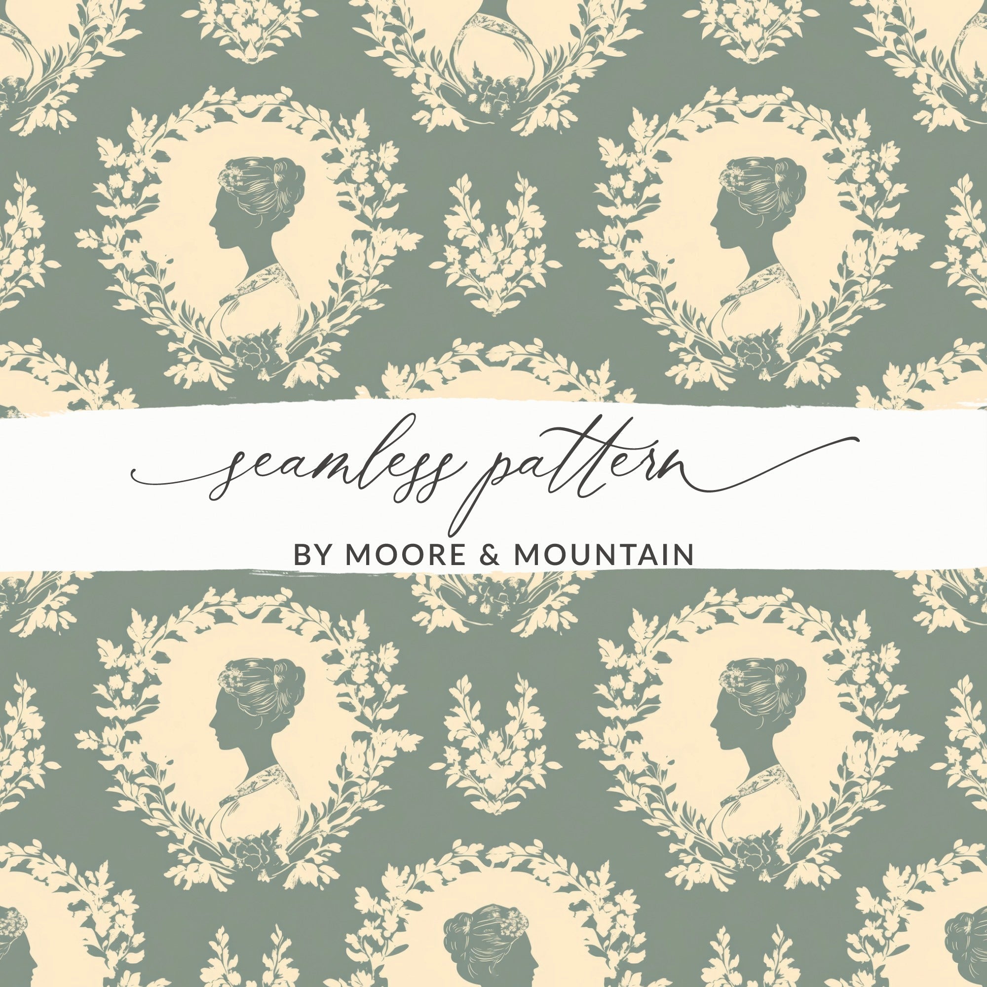 Digital Lady Cameo Floral Pattern, Seamless Floral Repeat Pattern, JPEG Files, Botanical Design, Feminine Pattern, Digital Paper Download - Moore and Mountain