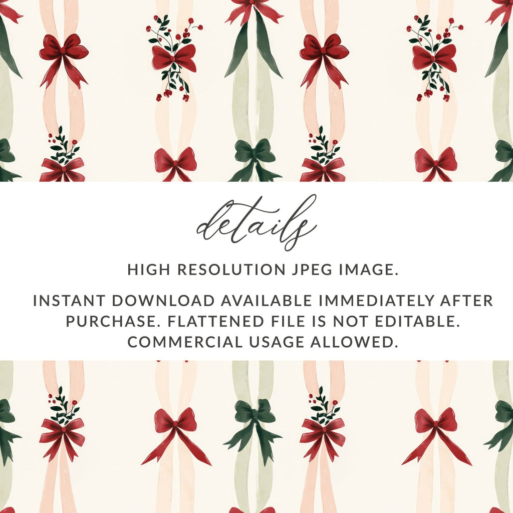 Digital Red Green Christmas Bows Pattern, Watercolor Holiday Ribbons, Festive Background, Repeating Digital Paper, Printable Digital - Moore and Mountain