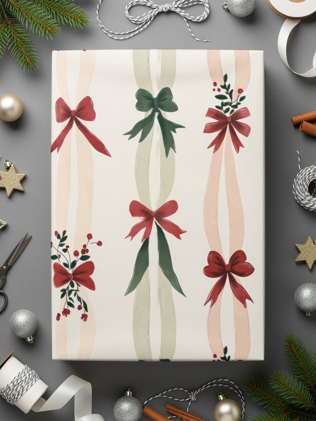 Digital Red Green Christmas Bows Pattern, Watercolor Holiday Ribbons, Festive Background, Repeating Digital Paper, Printable Digital - Moore and Mountain