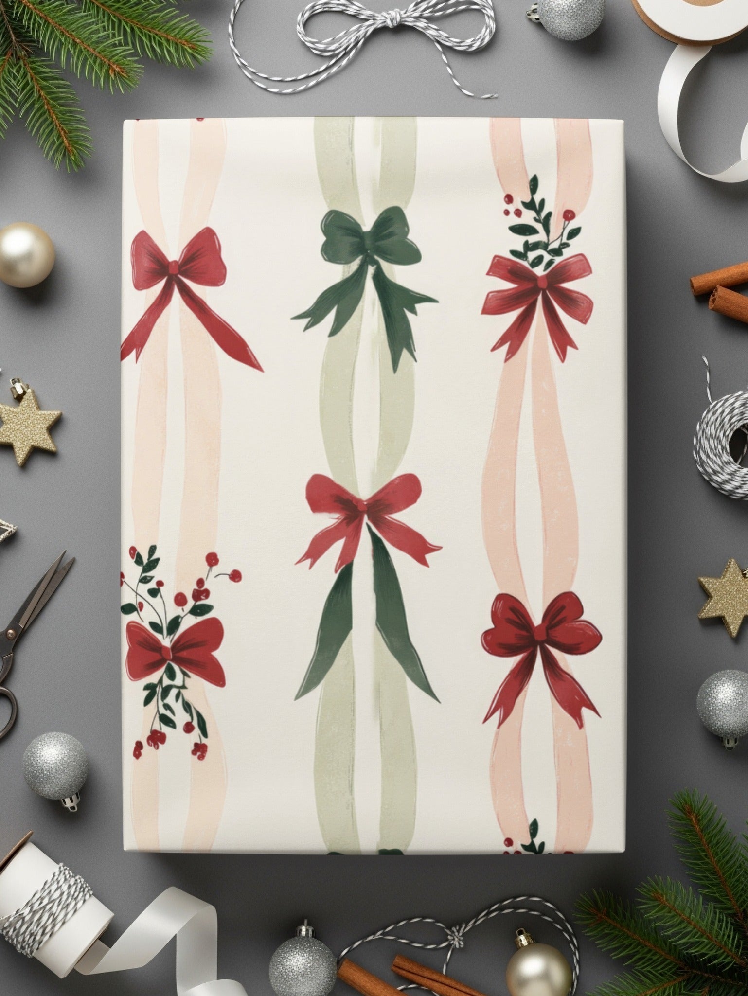 Digital Red Green Christmas Bows Pattern, Watercolor Holiday Ribbons, Festive Background, Repeating Digital Paper, Printable Digital - Moore and Mountain