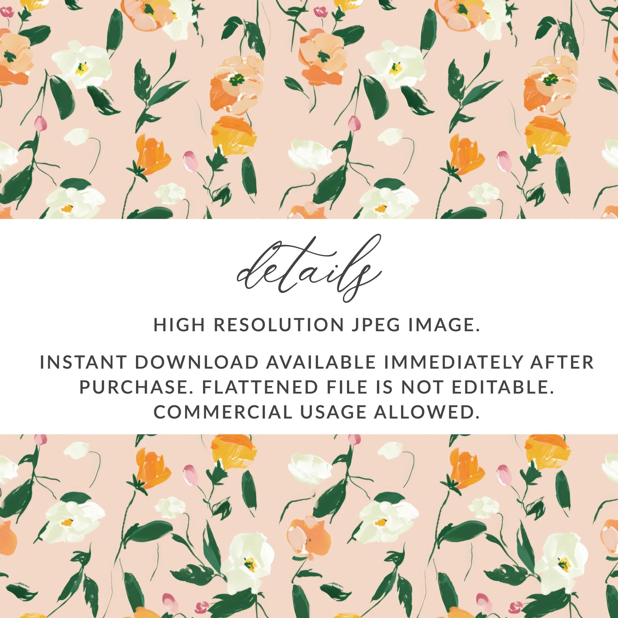 Digital Watercolor Floral Pattern, Peach, White, Orange Flowers, Abstract Spring Illustration, Printable Fabric Design, Seamless Repeat - Moore and Mountain